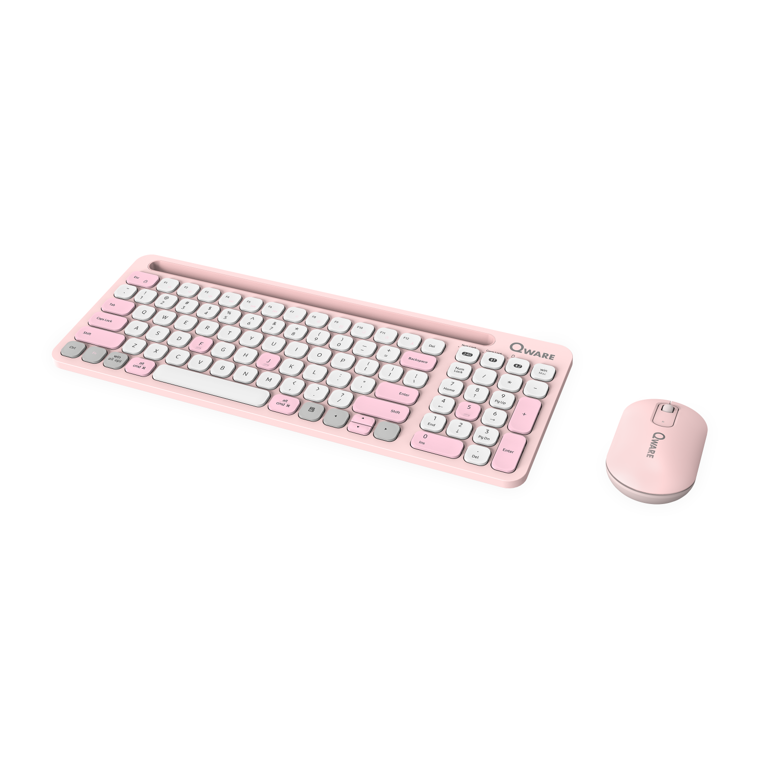 Roze draadloze toetsenbord- en muisset. Witte toetsen met roze en grijze accenten.