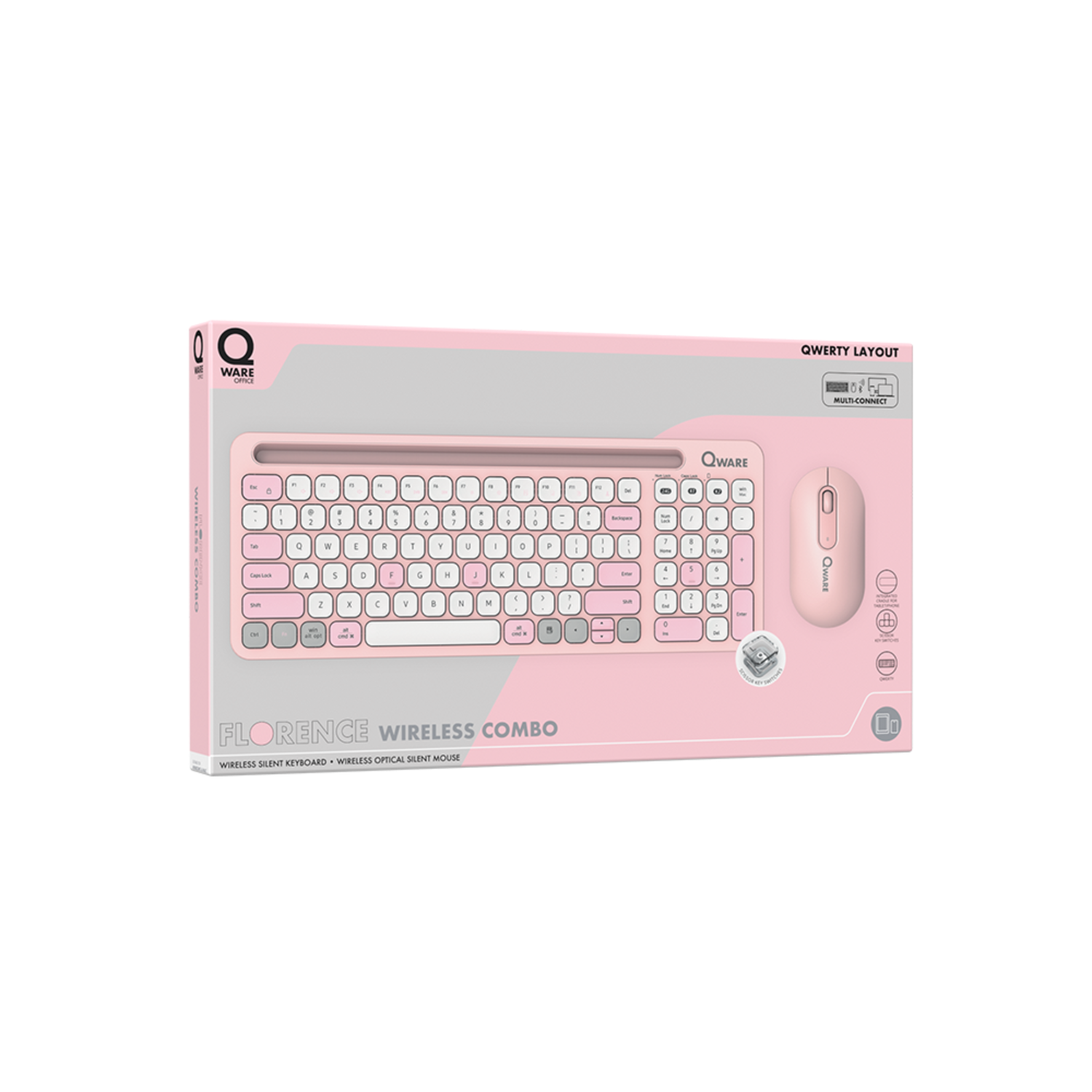 Een roze draadloze toetsenbord- en muiscombo. Het toetsenbord heeft een QWERTY-indeling.