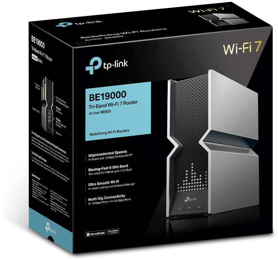 Fekete és ezüst Wi-Fi router doboz, TP-Link logóval és "Wi-Fi 7" felirattal.