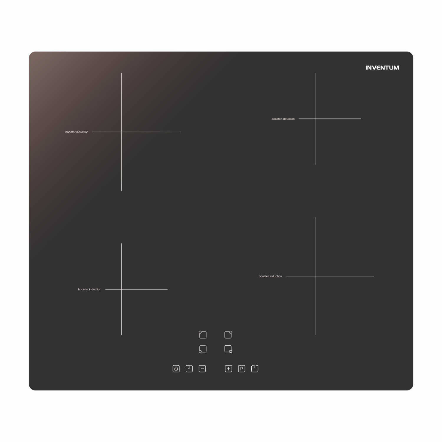 Black induction cooktop with four cooking zones. Touch controls are at the bottom.