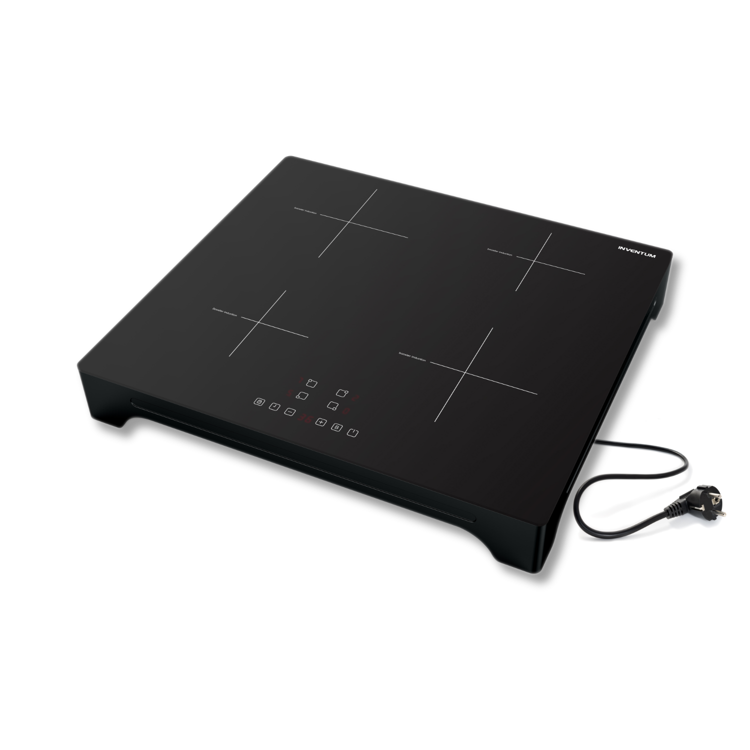 Black induction cooktop with four cooking zones. Power cord and plug are visible. The cooktop is on a white surface.