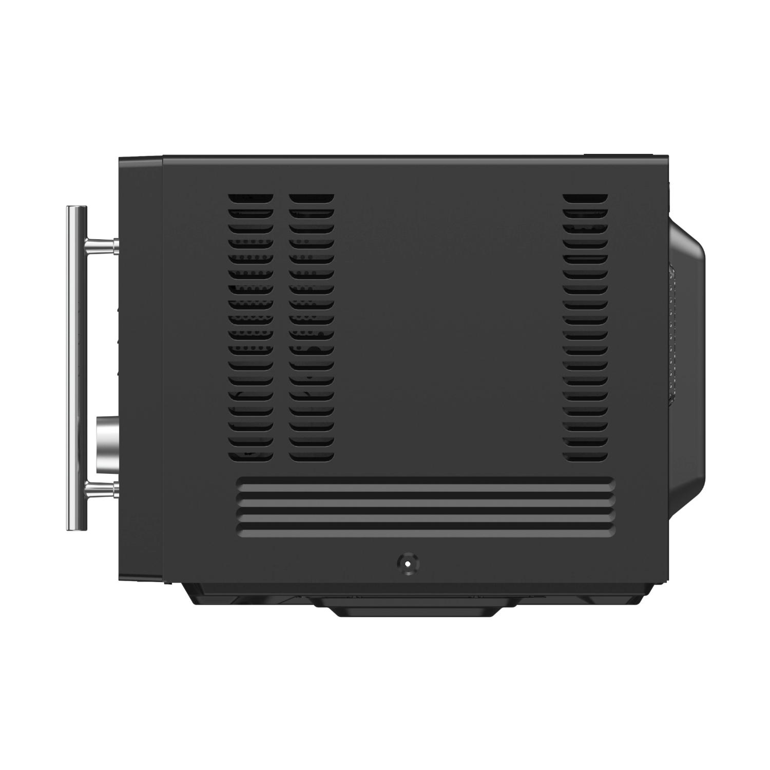 Een zwarte magnetron, van opzij bekeken, met een handvat en ventilatie.