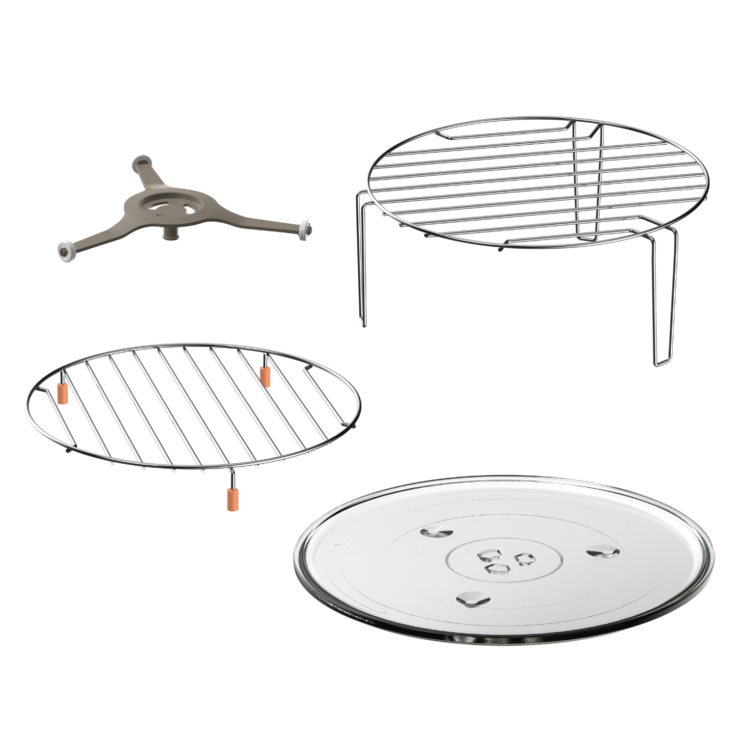 Magnetronaccessoires: een statief, een grill, een kleine grill met oranje voetjes en een glazen plaat.