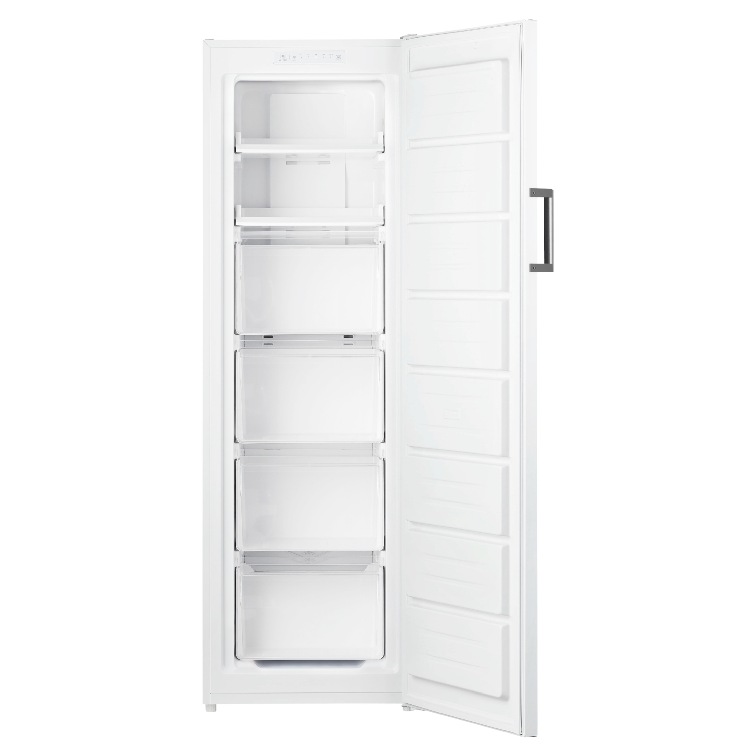 White freezer with the door open, revealing drawers and shelves inside. It has a black handle on the door.