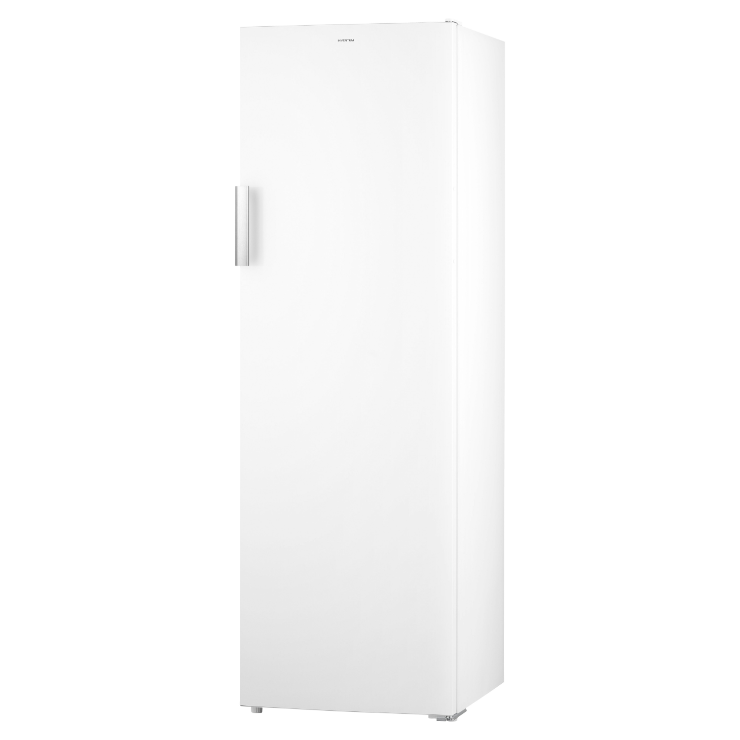 Tall white refrigerator. Silver handle on the left side.