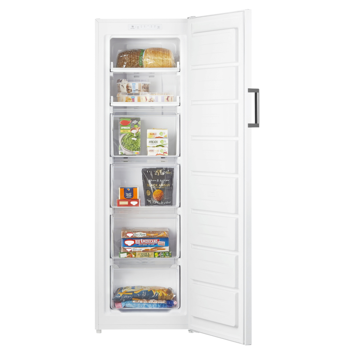 A white refrigerator with its door open, showing drawers of frozen food.
