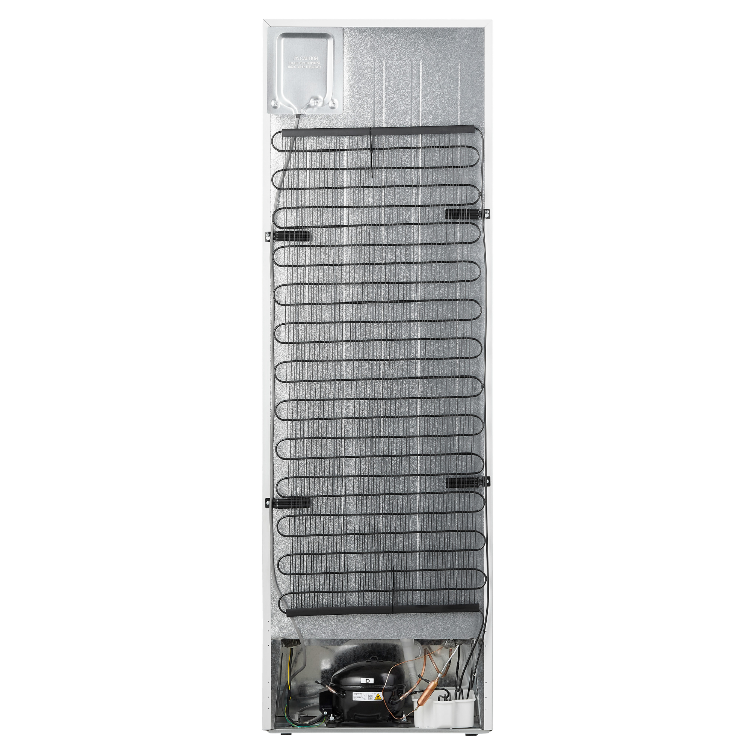 Backside of a white refrigerator. Cooling coils and compressor visible.