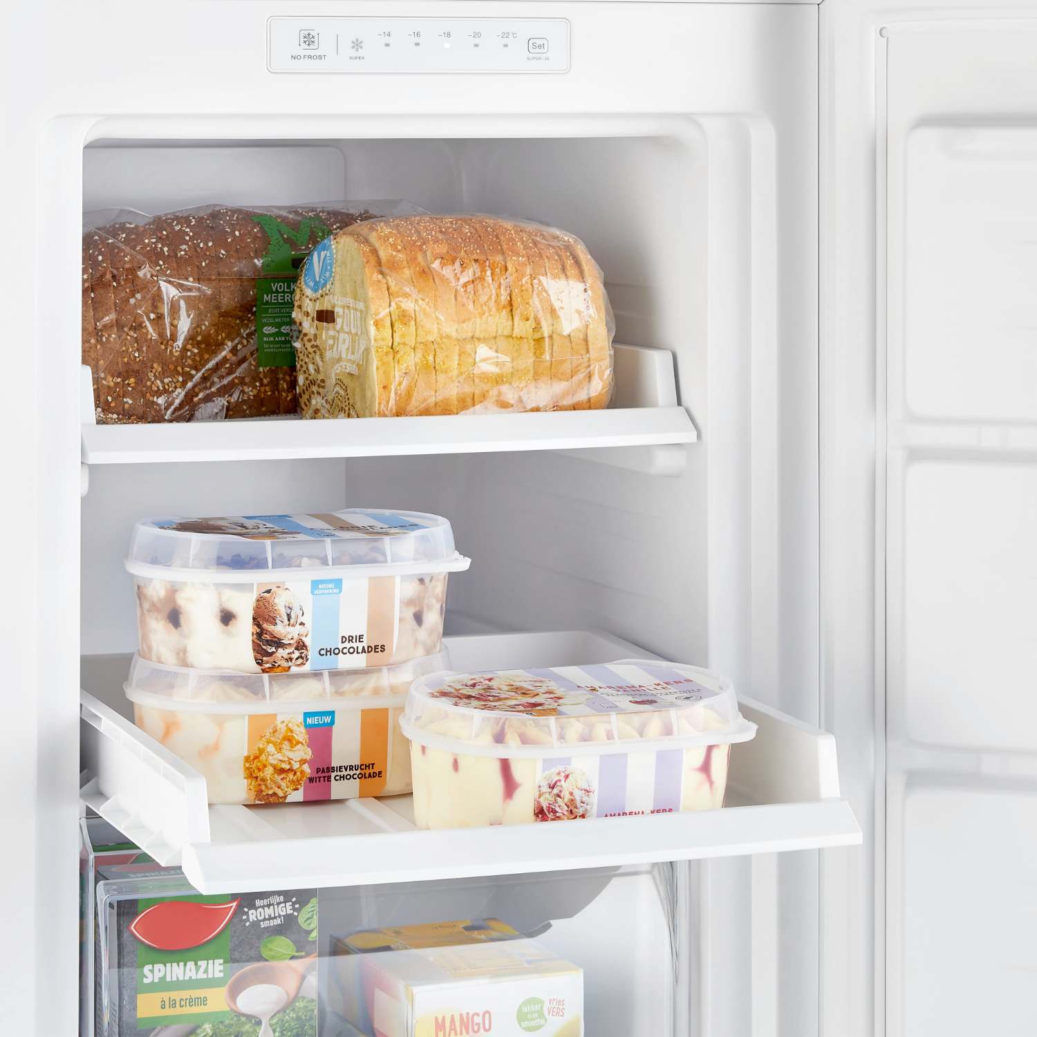 A refrigerator with food inside, including bread and ice cream containers.