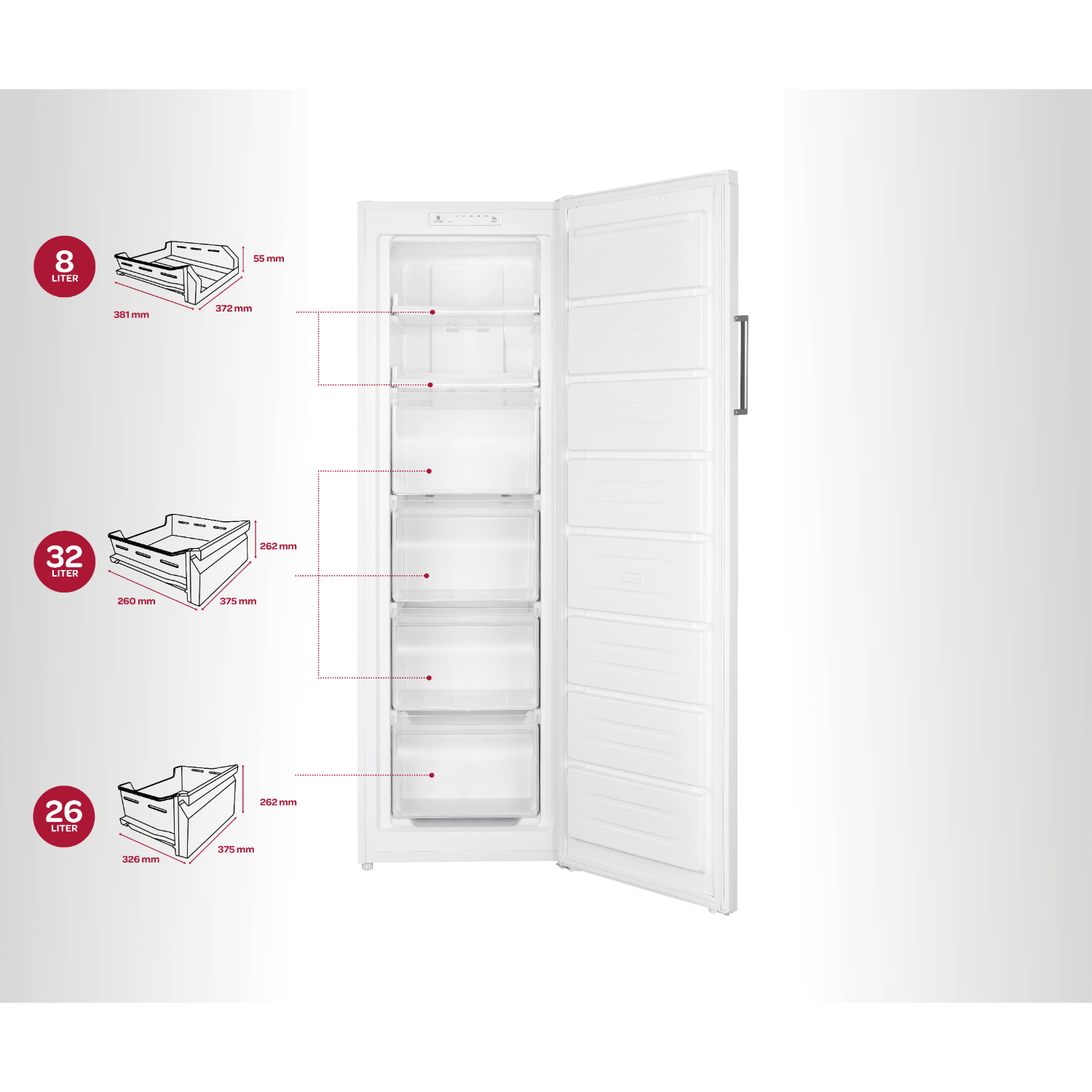 A white freezer with open door, showing drawers and dimensions. White background.