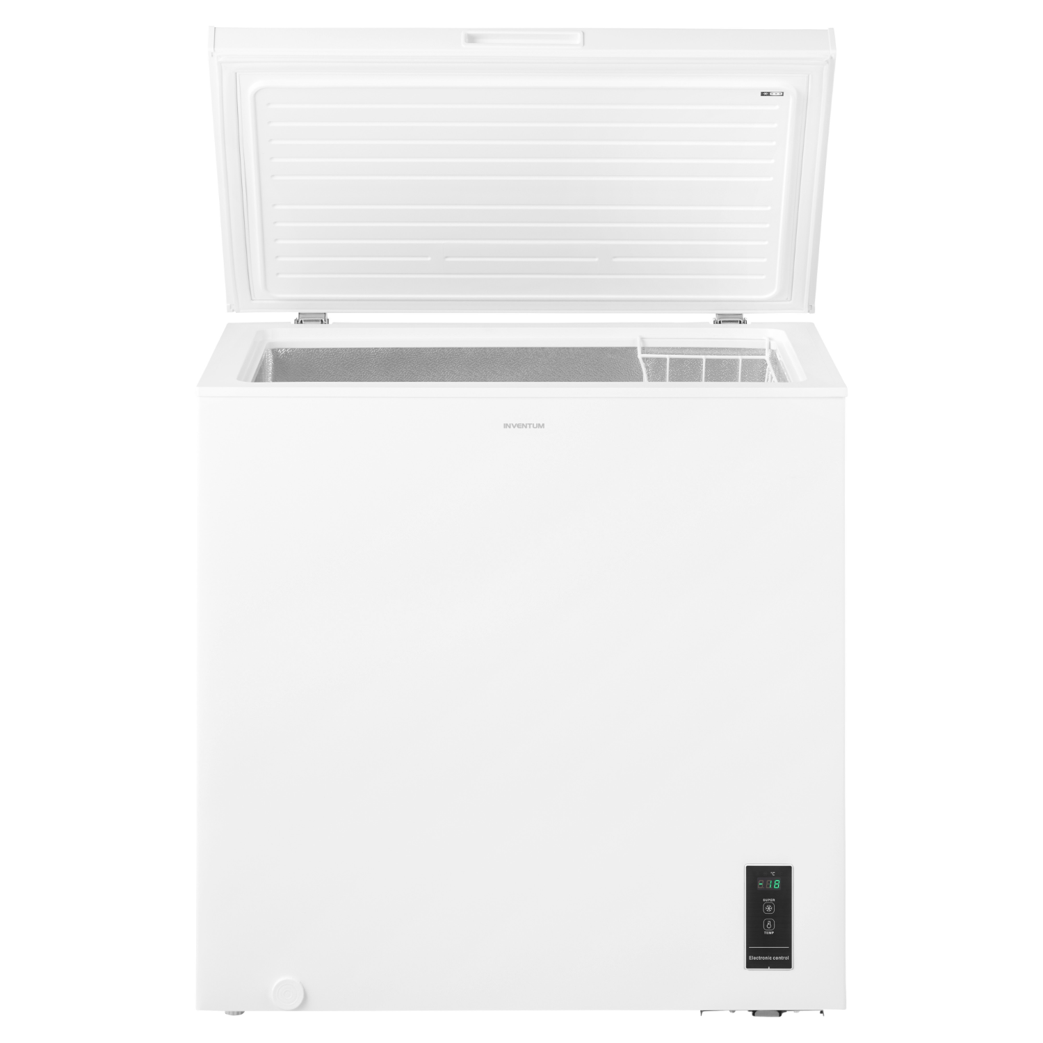 A white chest freezer with the lid open, showing the interior and control panel.