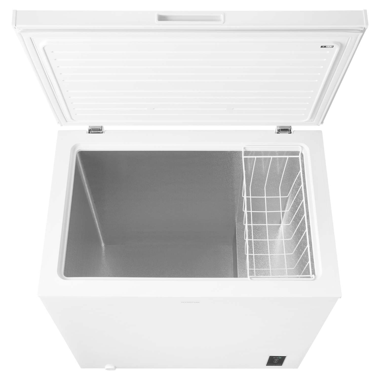 White chest freezer with the lid open, showing a storage basket inside.