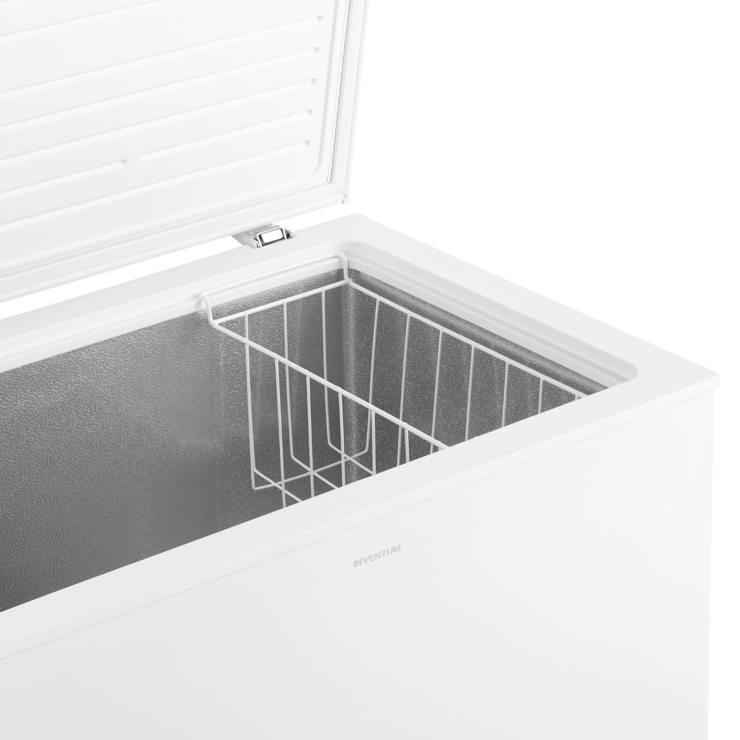 White chest freezer with open lid revealing interior with a wire basket.