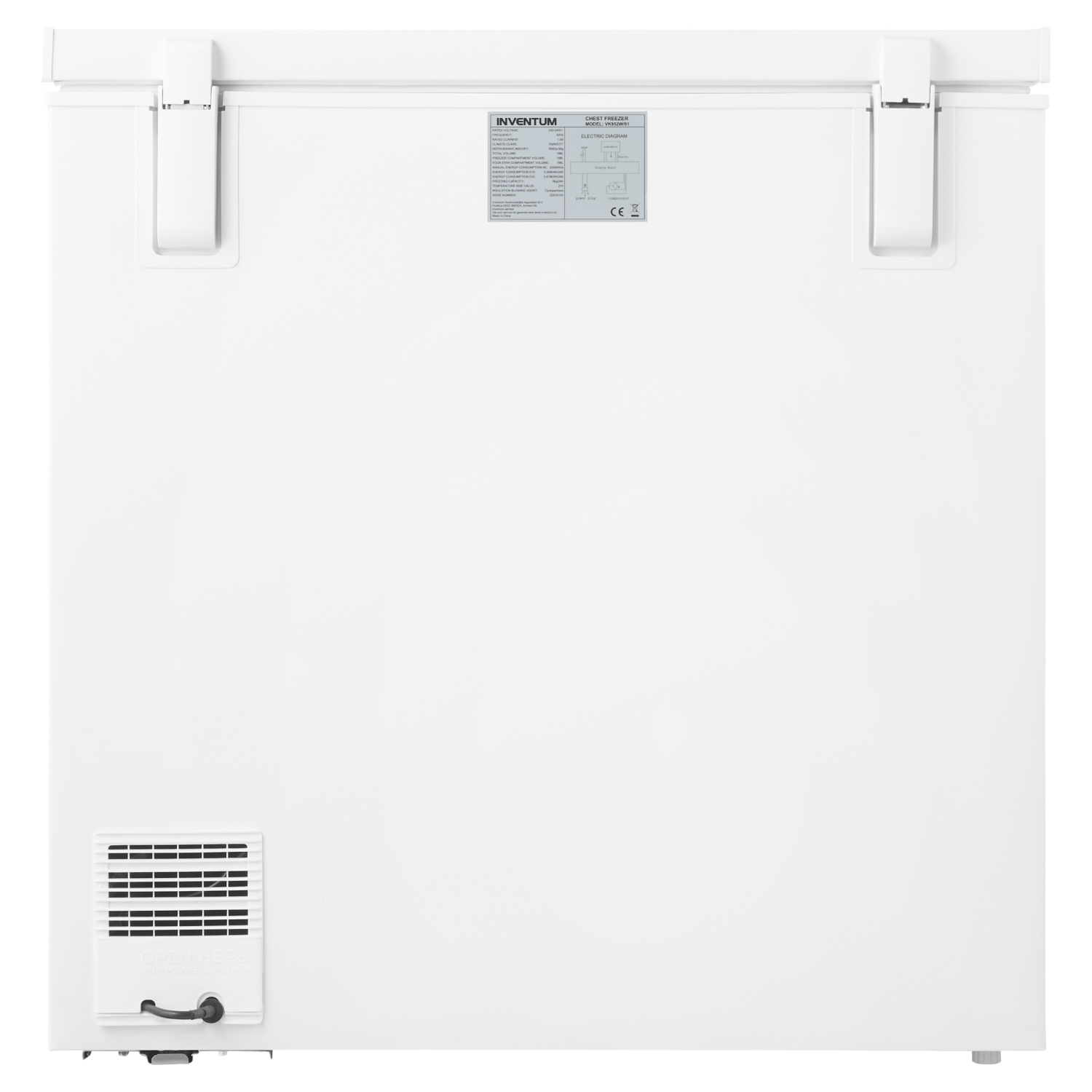 The rear of a white chest freezer, with a vent and a label. The freezer is on a white surface.