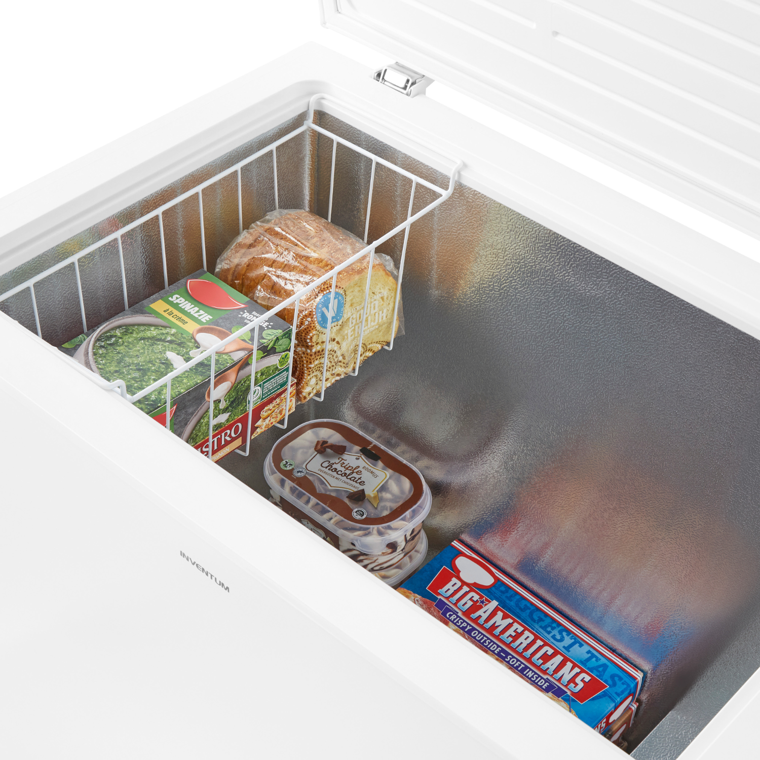 White freezer interior with frozen food in a wire basket and stacked containers.