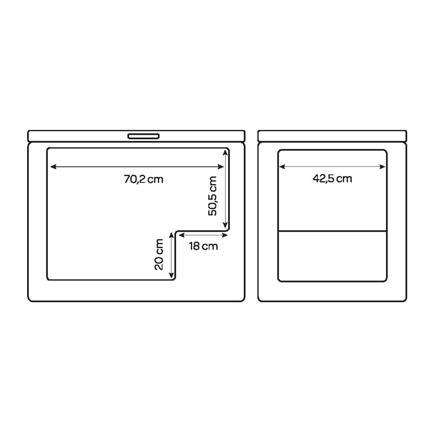 Diagram of an oven showing dimensions in cm: 70.2x50.5, 20x18, and 42.5.