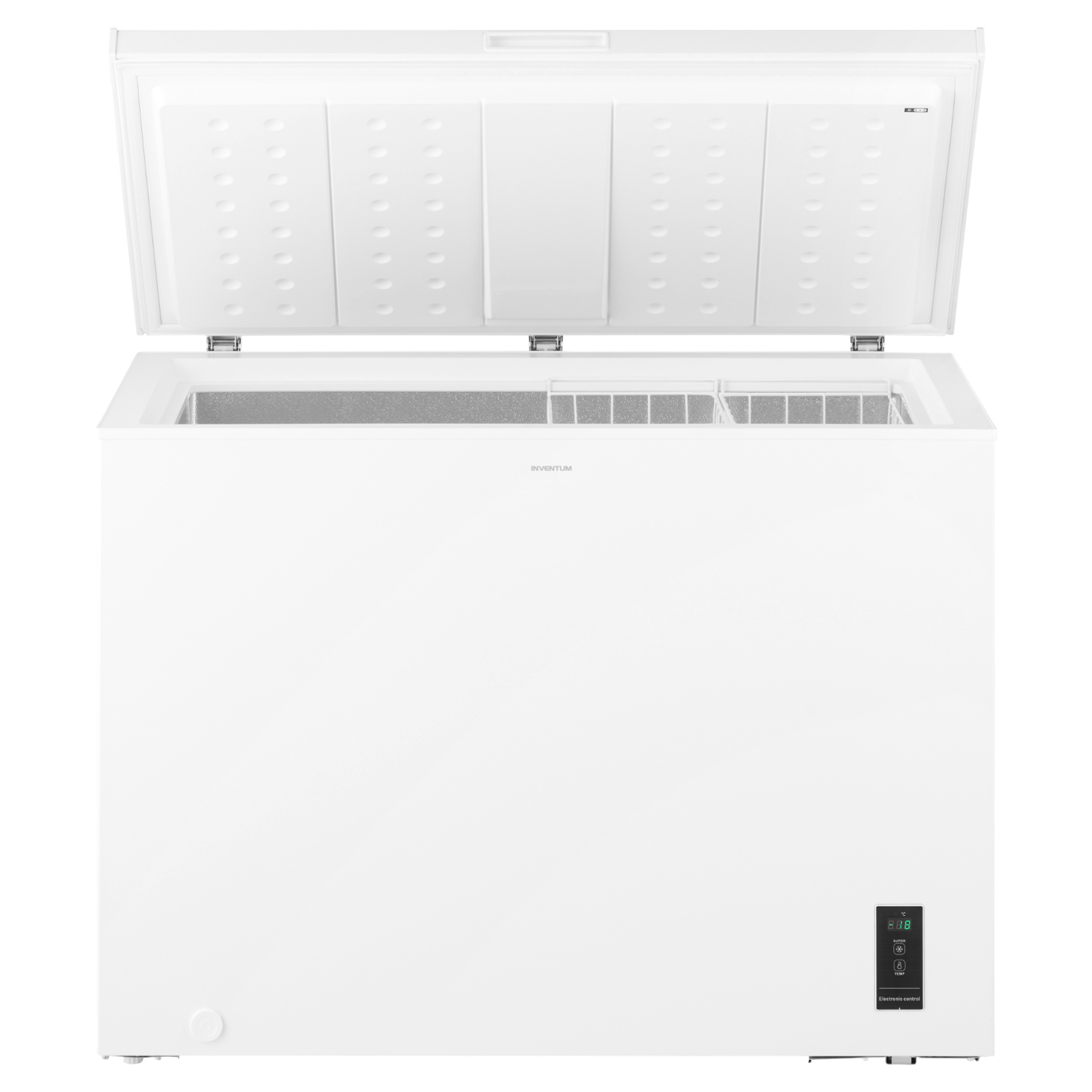 A white chest freezer with the lid open, showcasing the interior compartment.