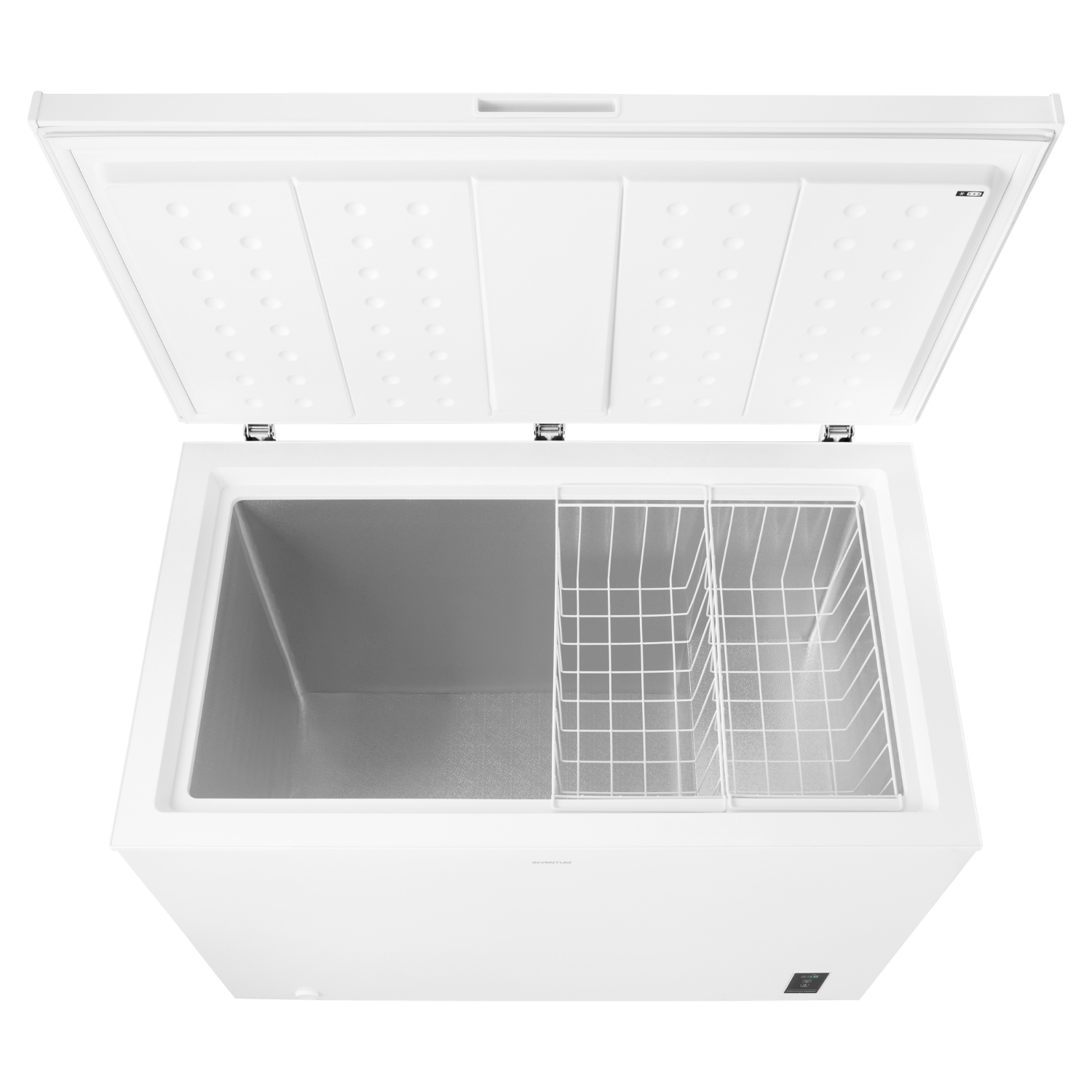 White chest freezer with the lid open. Shows the interior with a wire basket.