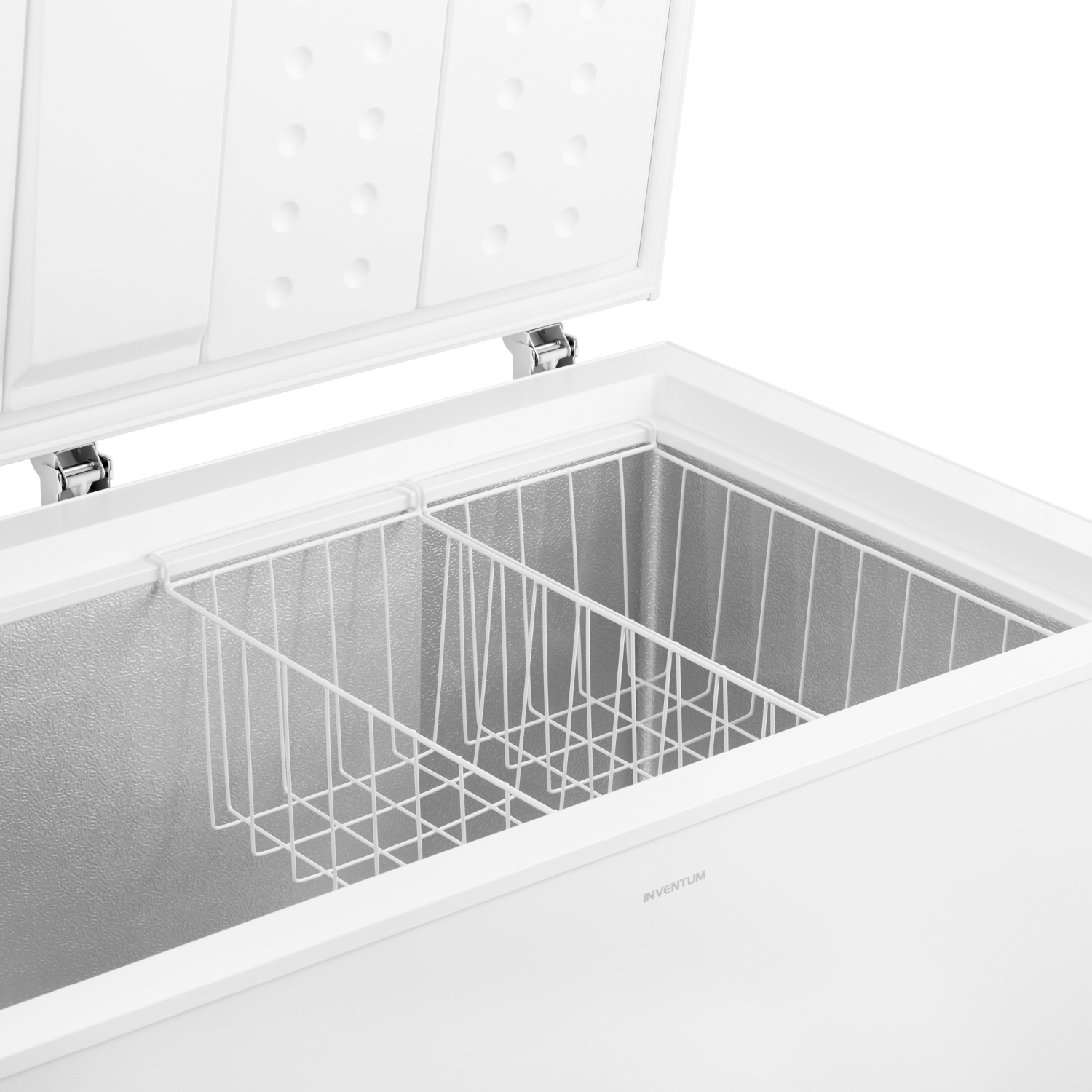 White chest freezer with an open lid, revealing the inside with wire baskets.