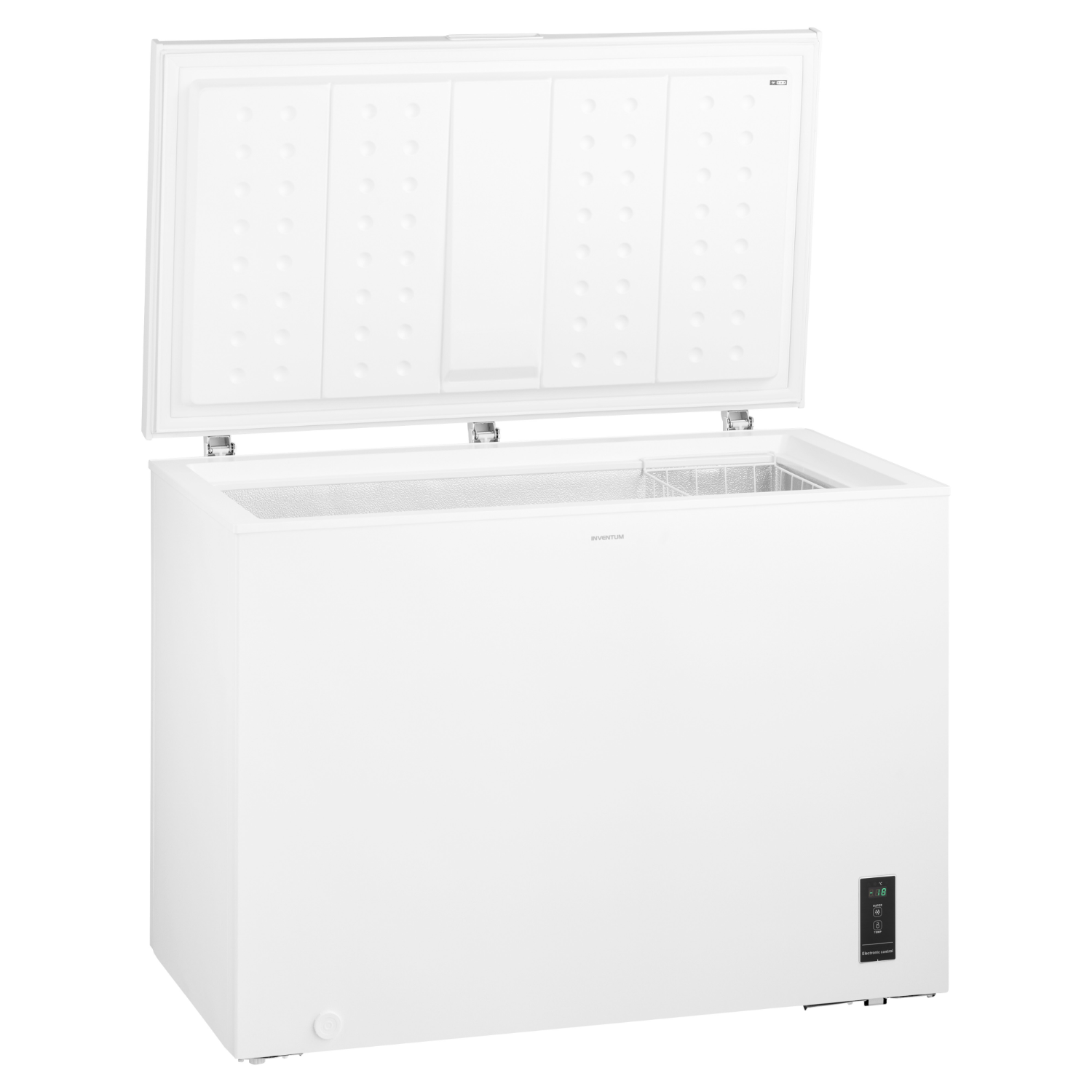 White chest freezer with the lid open, showing the interior. Includes a control panel.