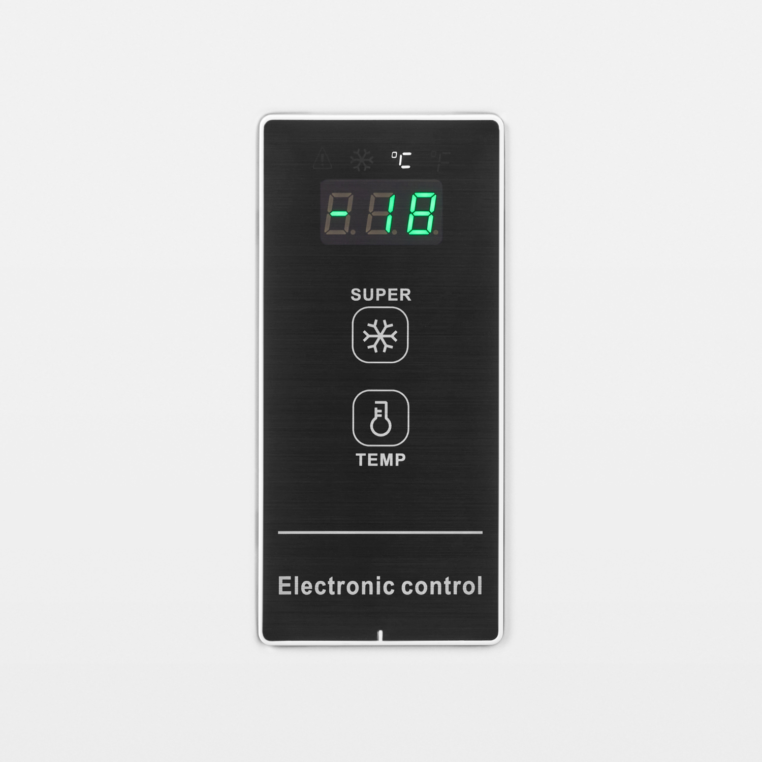 Black control panel with a green display showing numbers and icons.