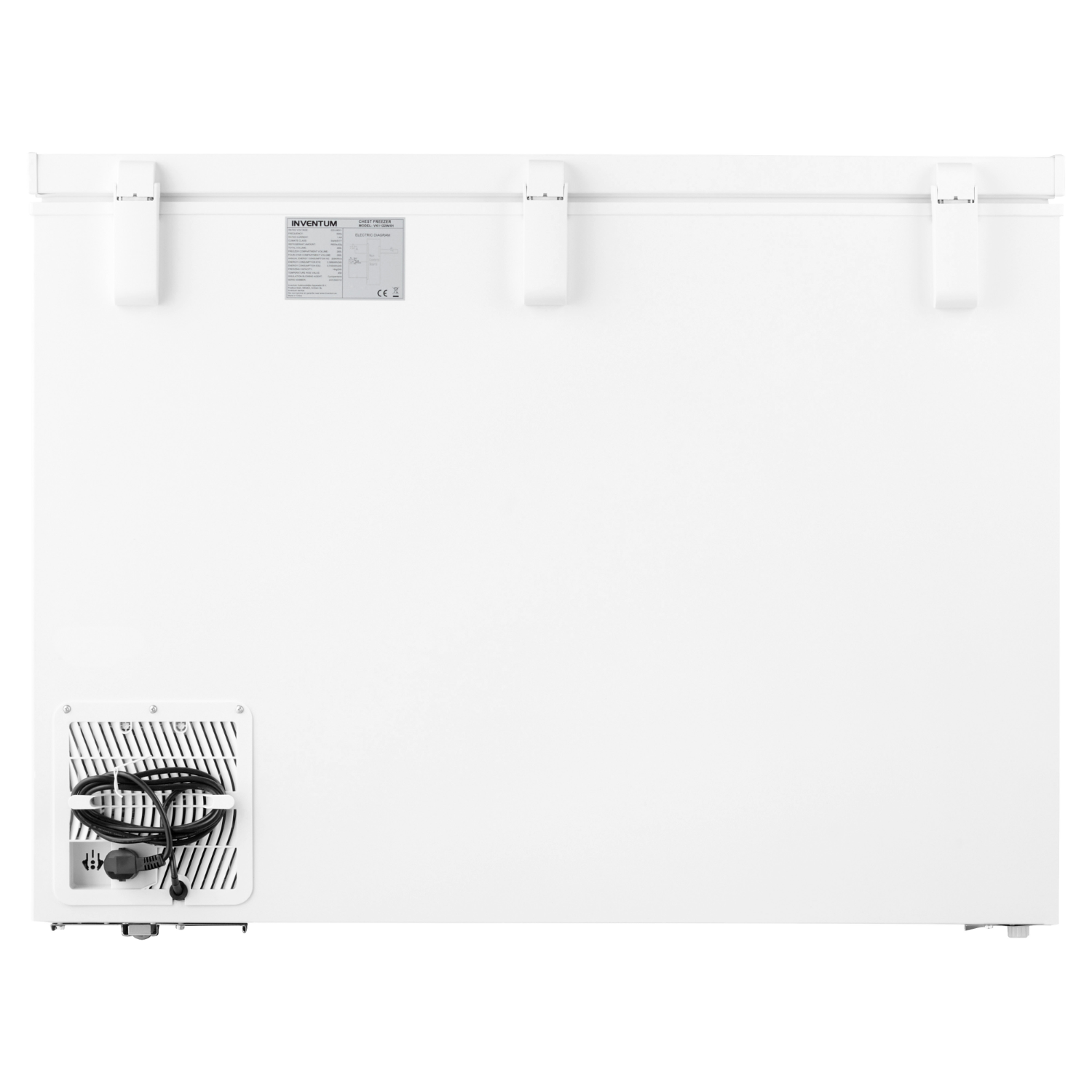 The back view of a white chest freezer with a vent and a power cord.