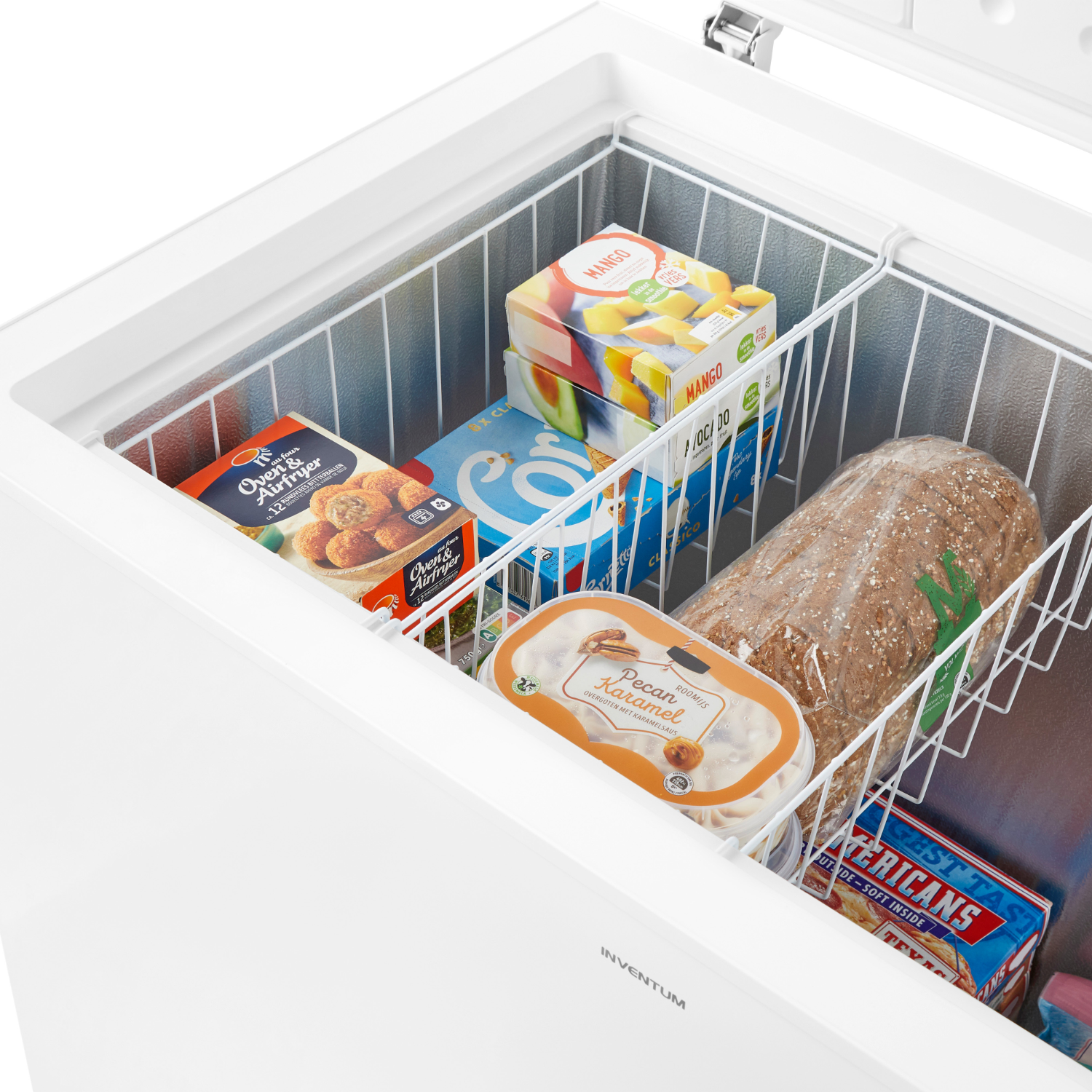 White chest freezer, opened. It contains frozen food packages in the top and bottom baskets.