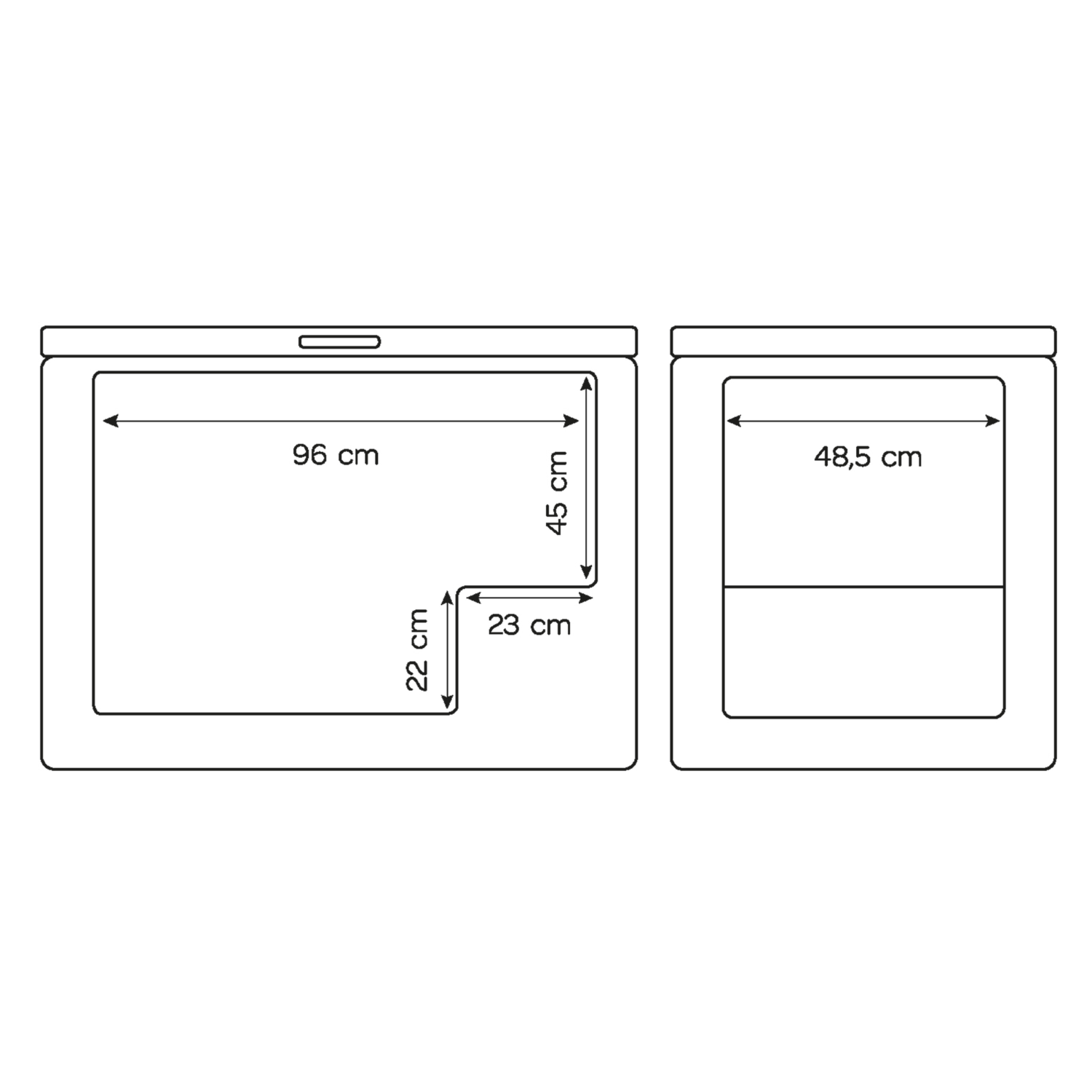 Drawing of a kitchen appliance, likely an oven, with dimensions labeled in centimeters.
