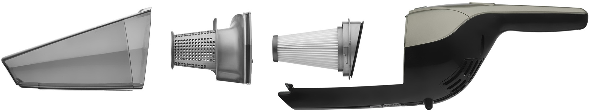 Szétszerelt porszívó alkatrészek: fúvóka, szűrő és főtest.
