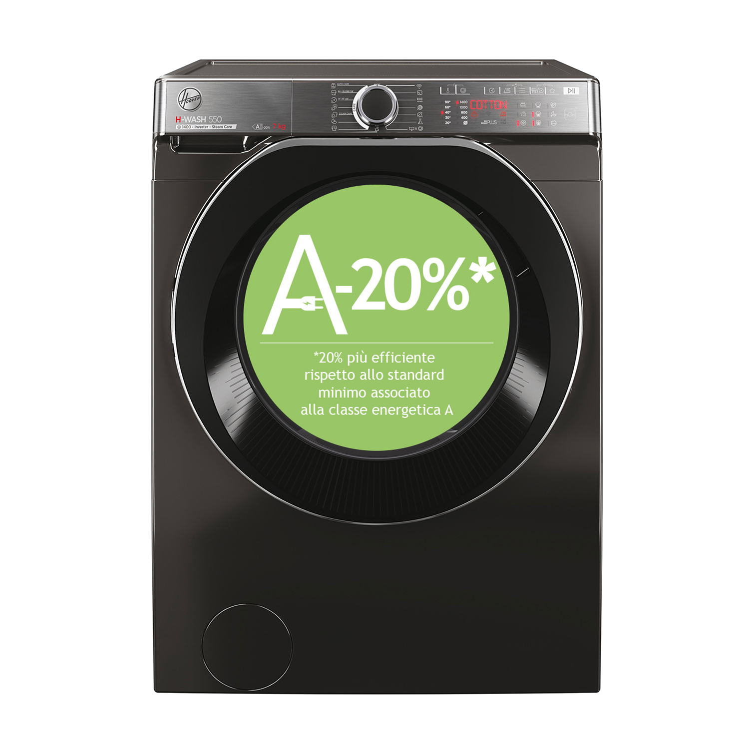 Lavatrice Hoover nera con etichetta verde di efficienza energetica, A-20%.