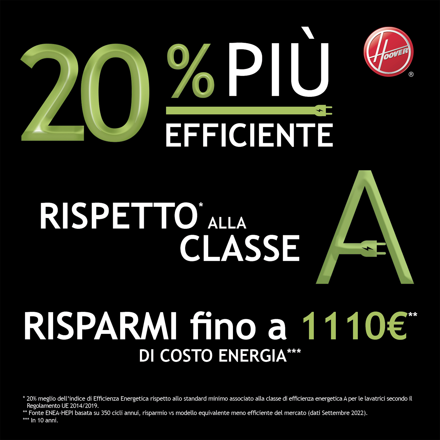 Una pubblicità con testo verde e un logo Hoover. Pubblicizza l'efficienza energetica.