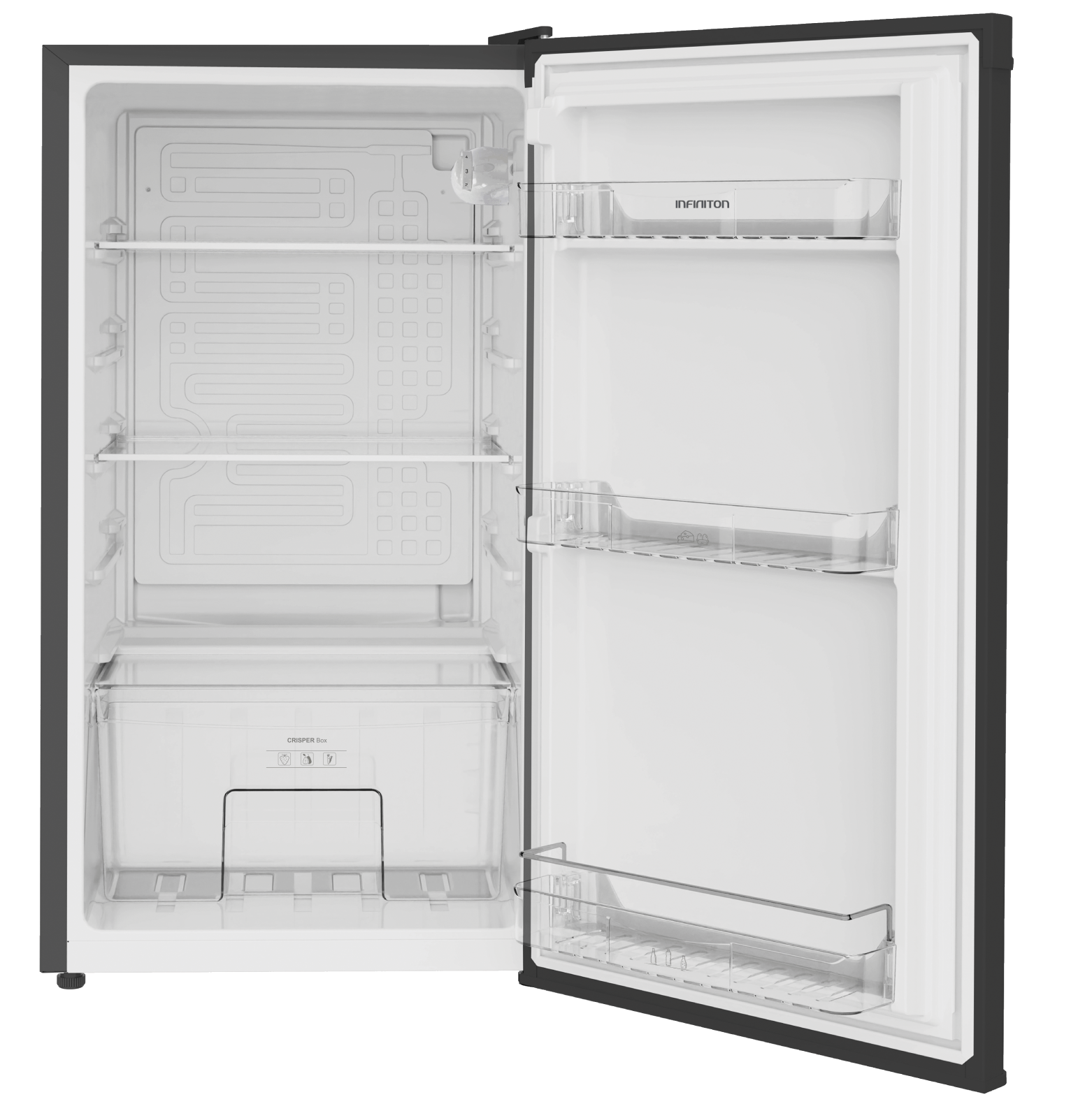 Interior blanco de un refrigerador con estantes, cajones y una puerta abierta hacia un lado.