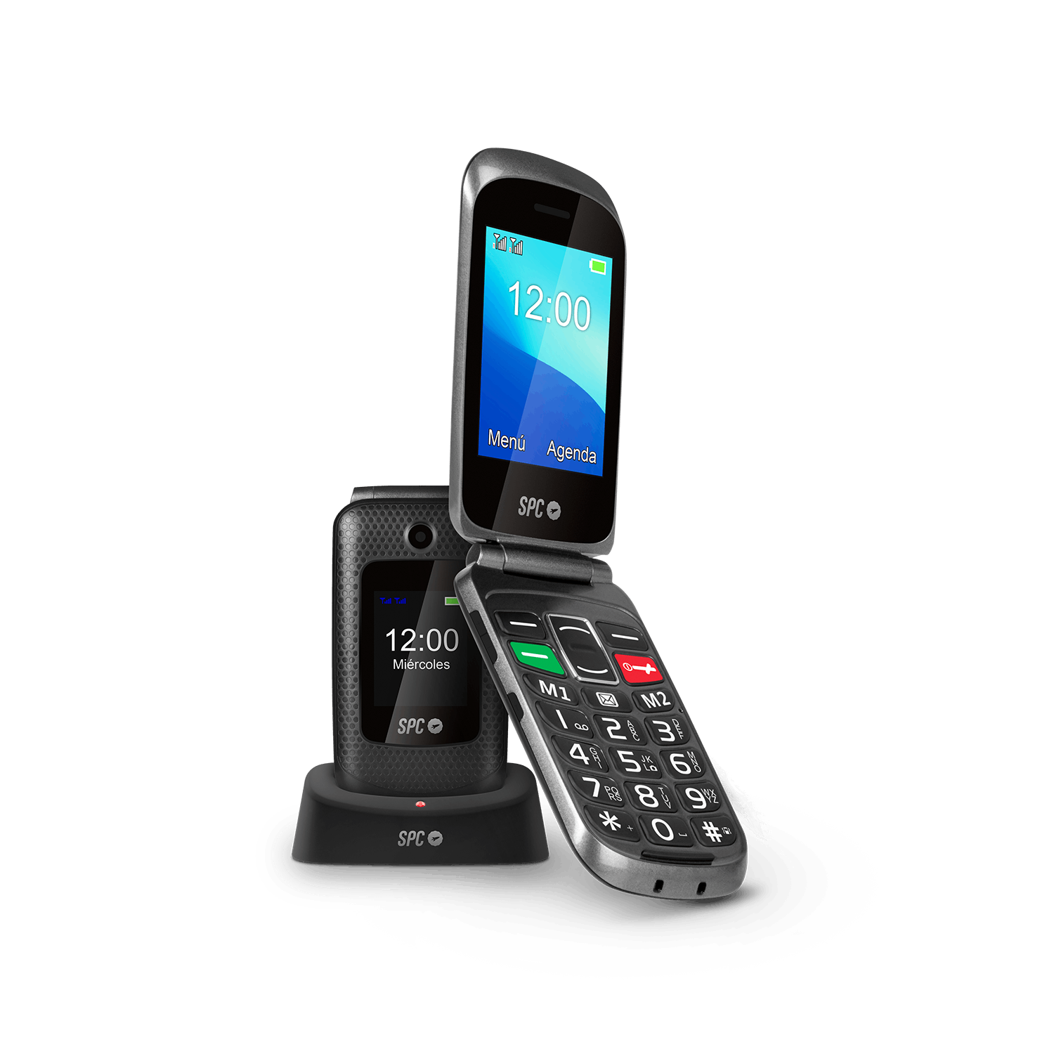 Teléfono plegable negro y plateado abierto en un soporte con otro teléfono y cargador.