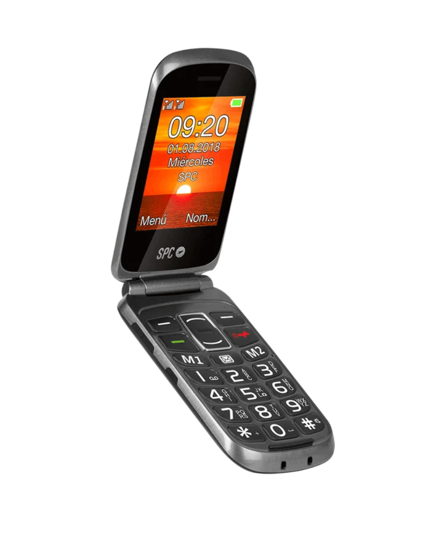 Un teléfono plegable, abierto para mostrar la pantalla con una imagen de puesta de sol y la hora.
