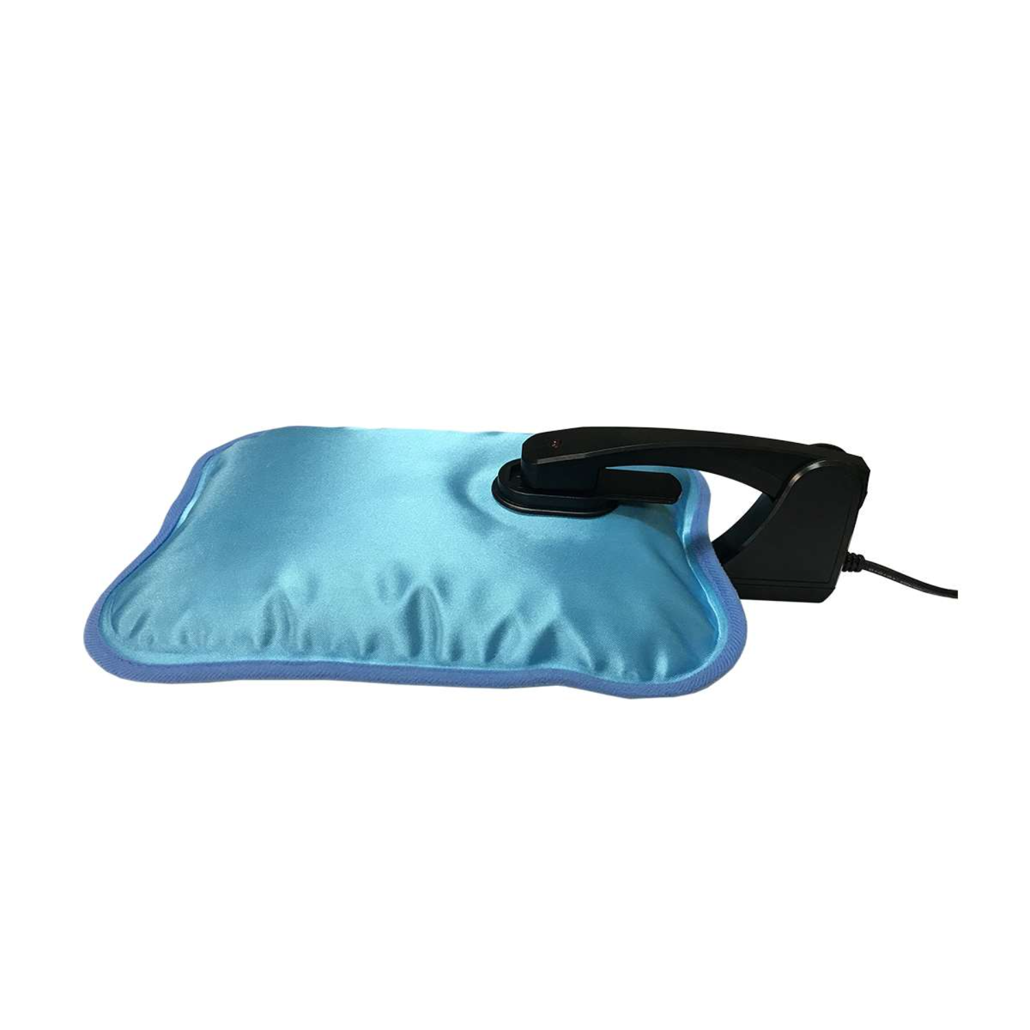 Blue heating pad with black handle, black cord. White background.