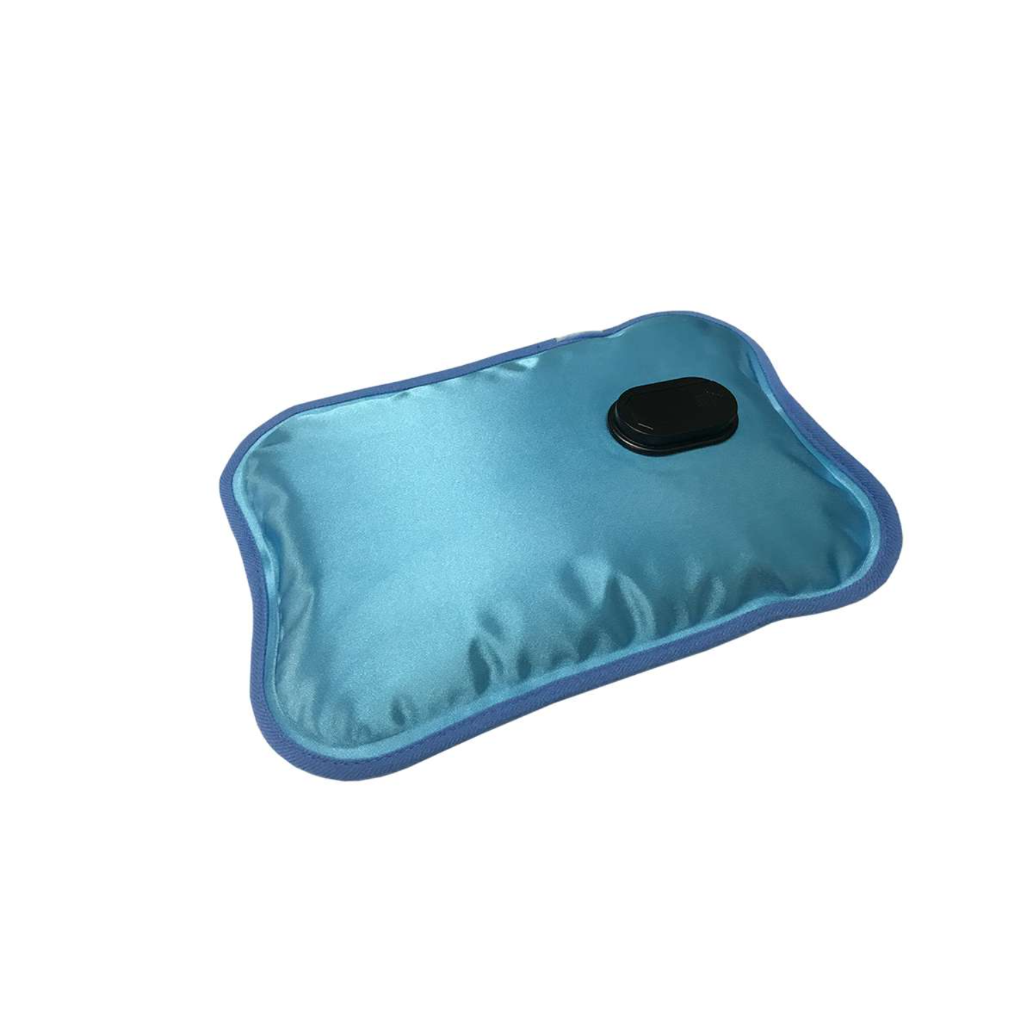 A blue hot water bottle on a white background.