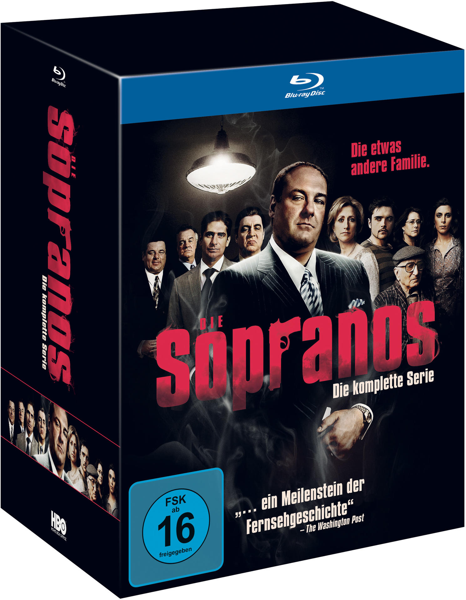 The Sopranos Blu-ray Box-Set, mit Cover-Art von Charakteren und einem Logo.