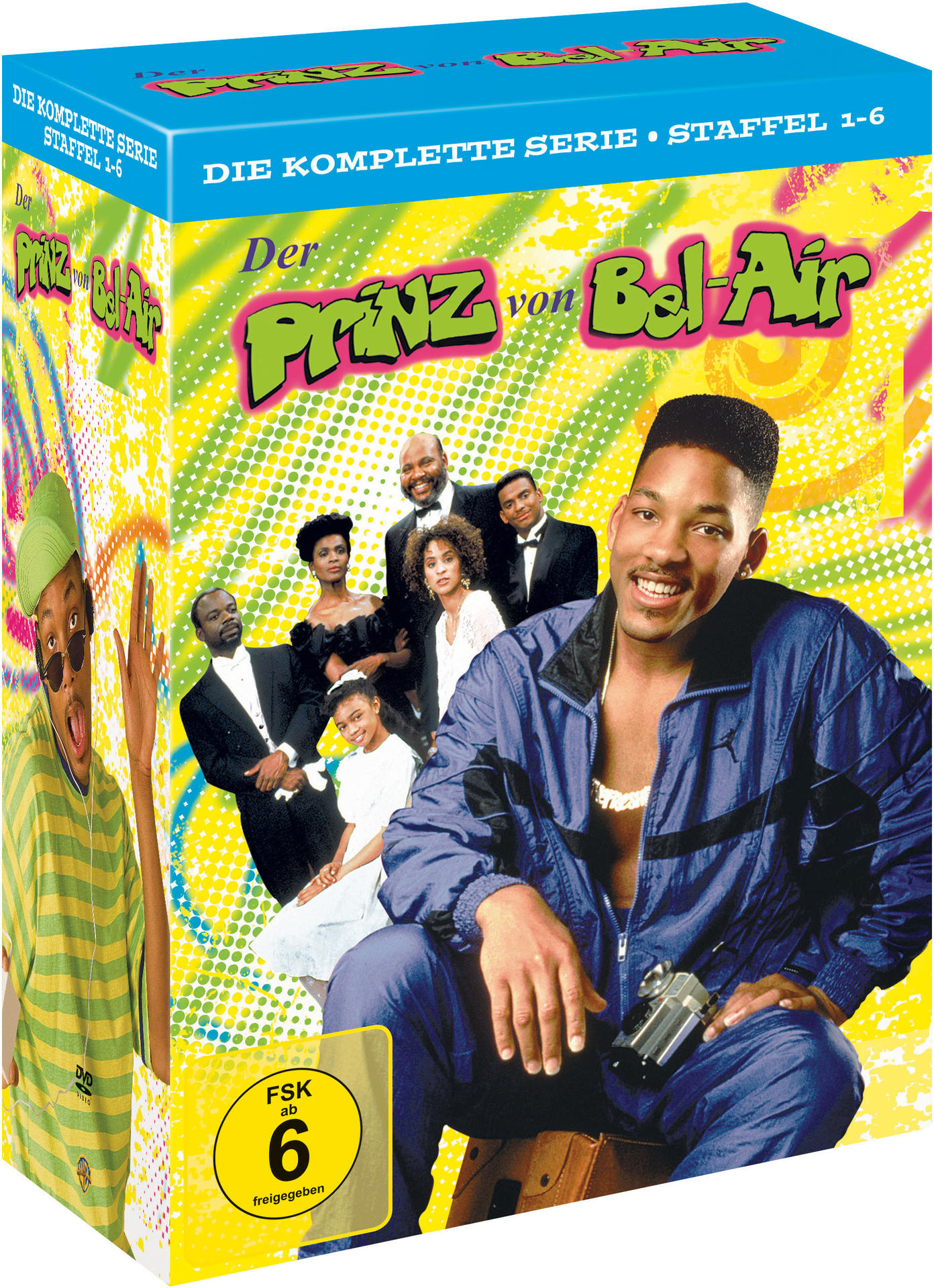 Eine DVD-Box mit einem bunten Cover mit Will Smith und anderen Schauspielern aus Der Prinz von Bel-Air.