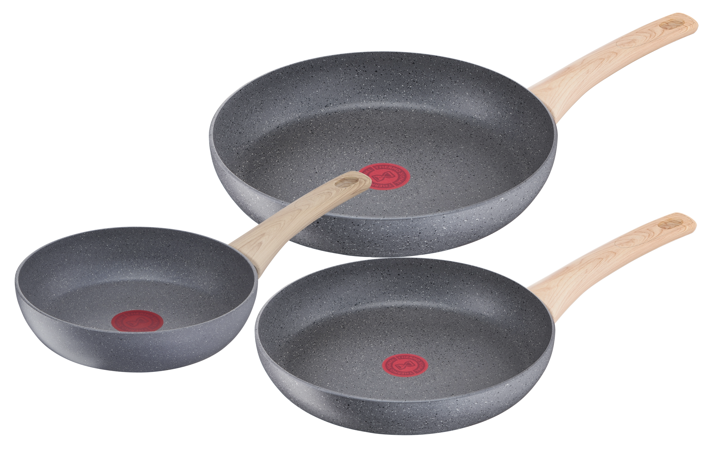 Set de sartenes - Tefal Natural Force G2669123, 3 unidades, 20,24 y 28 cm, Revestimiento Antiadherente Mineralia, Thermo-Signal, Aluminio, Gris