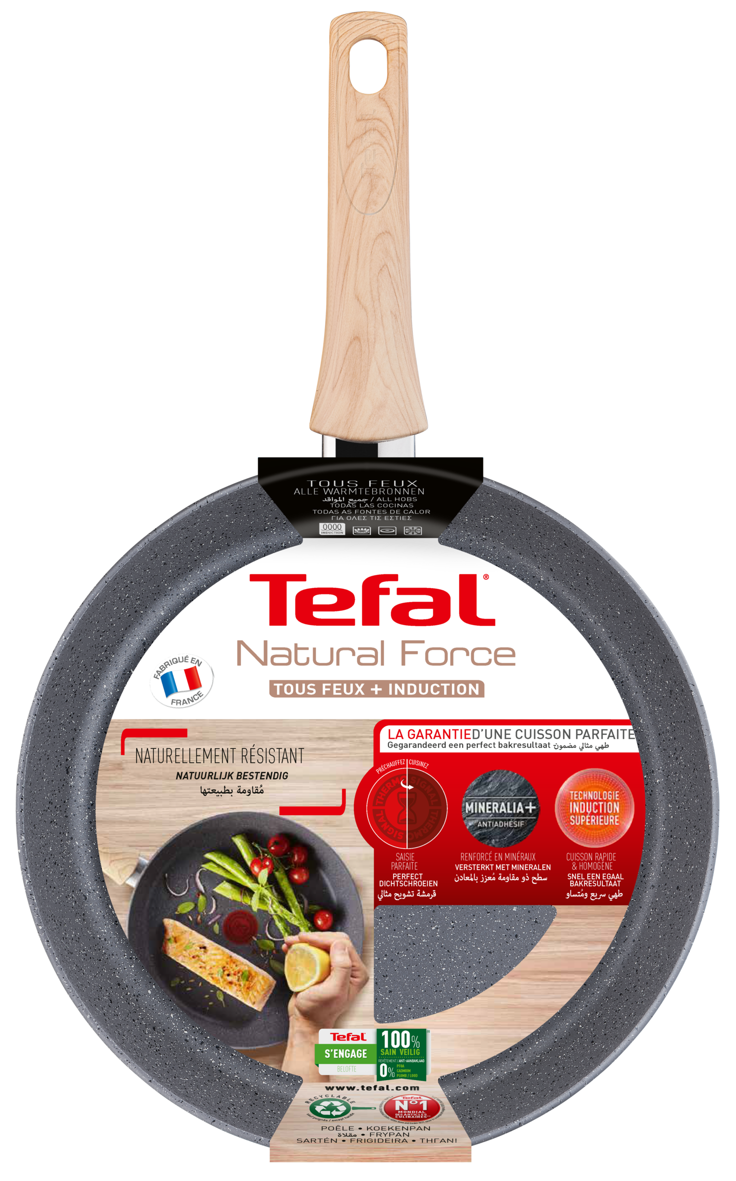 Set de sartenes - Tefal Natural Force G2669123, 3 unidades, 20,24 y 28 cm, Revestimiento Antiadherente Mineralia, Thermo-Signal, Aluminio, Gris