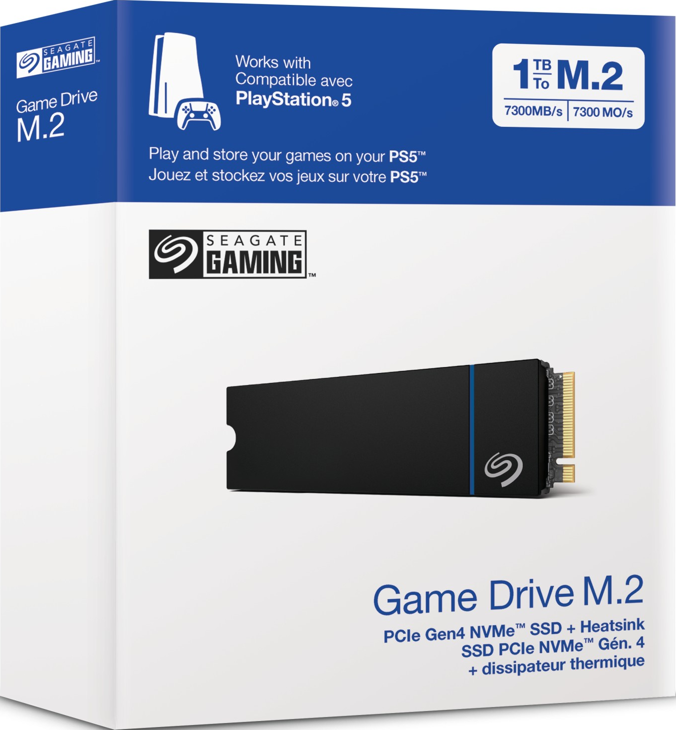 Eine Seagate Game Drive M.2-Box. Die Box zeigt eine Festplatte und Text zur PlayStation 5-Kompatibilität.