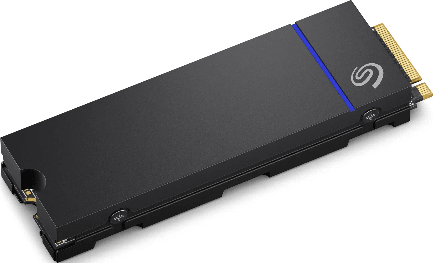 SSD M.2 nero, con una striscia blu e il logo Seagate.