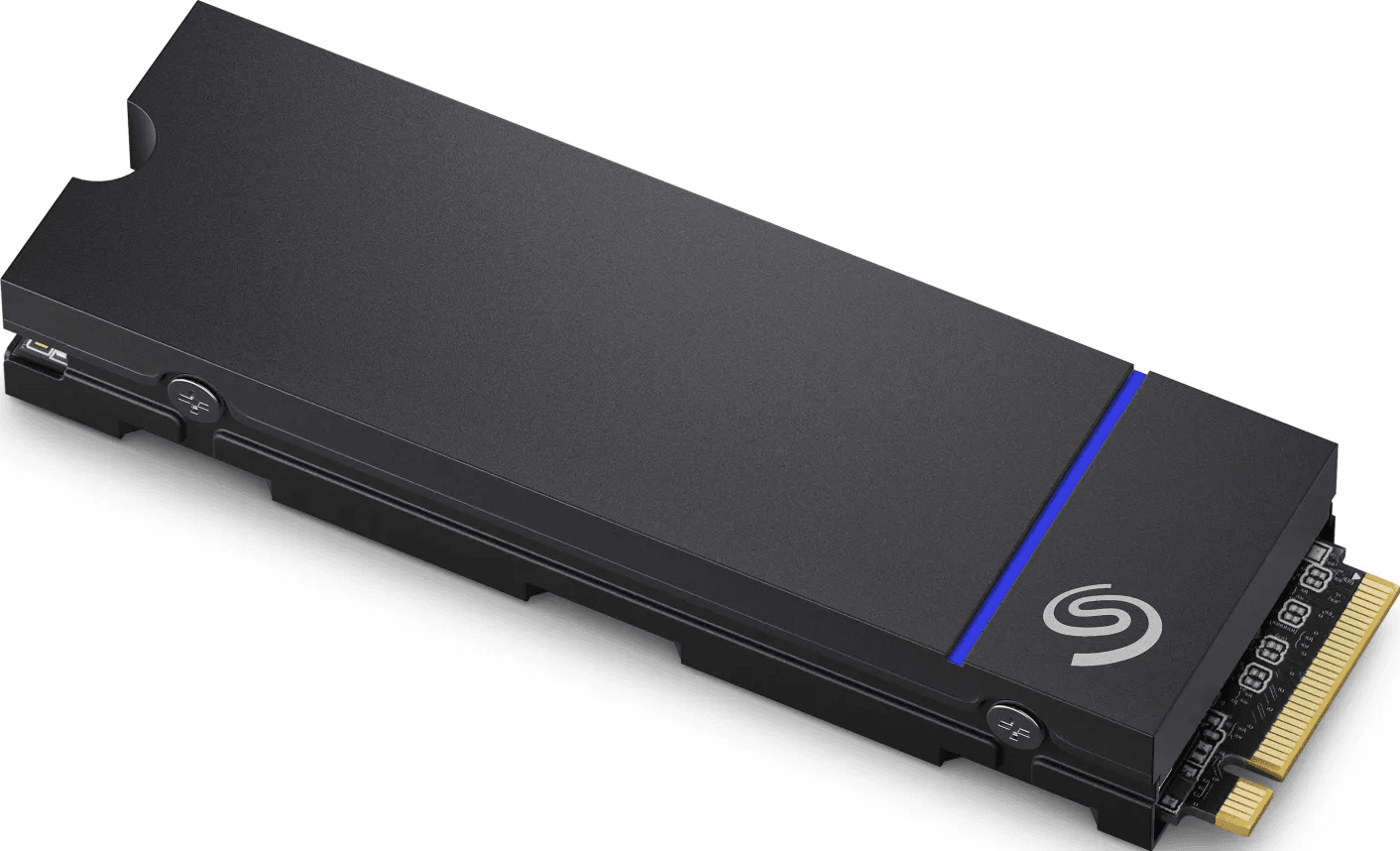 Unità SSD Seagate nera con una striscia blu e il logo Seagate. Sfondo bianco.