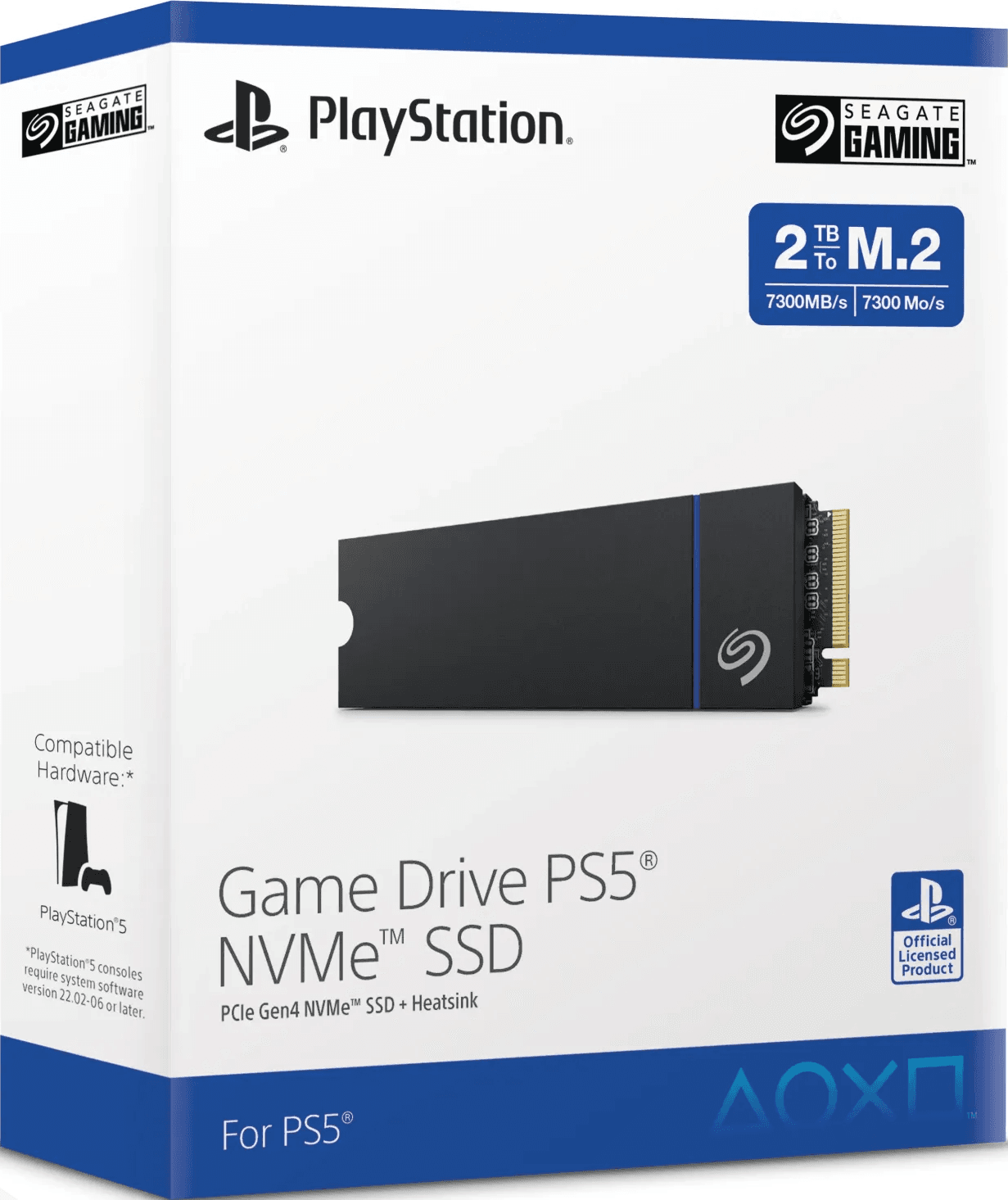Scatola Game Drive PS5 NVMe SSD. Ha un design blu e nero e mostra il prodotto.