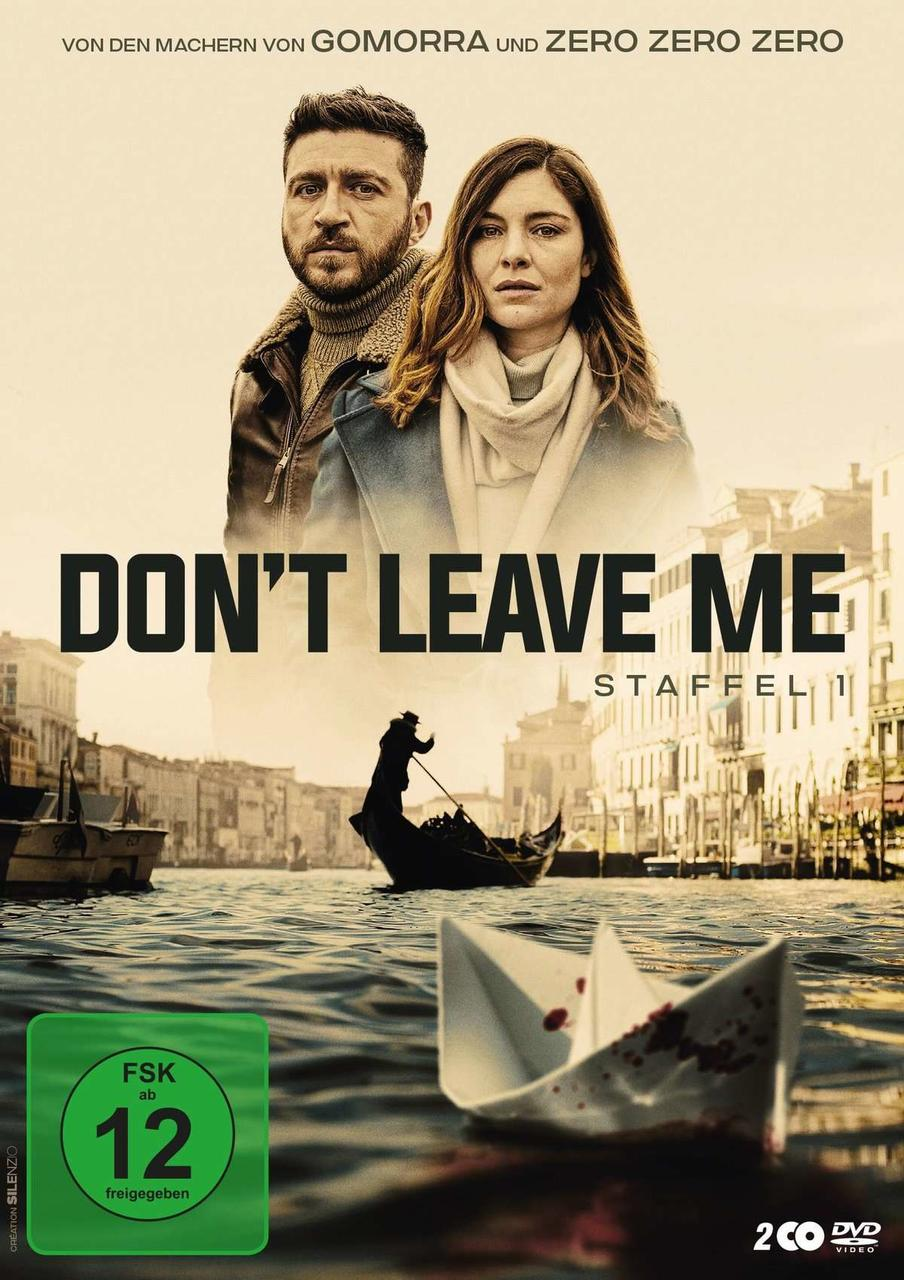 Filmplakat von zwei Personen mit dem Titel „DON'T LEAVE ME“ über einer Szene von Venedig mit einer Gondel.