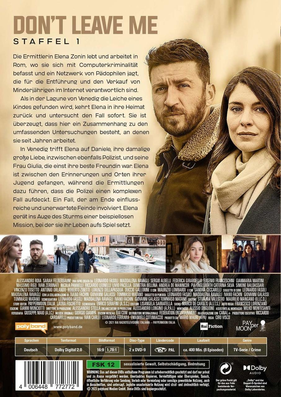 Filmcover mit Schauspielern. Titel: 'DON'T LEAVE ME'. Text auf Deutsch, mit Logo und Details.