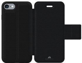 Otwarty czarny futerał na telefon. Telefon widoczny po lewej stronie. Etui ma fakturę. Widoczne logo.