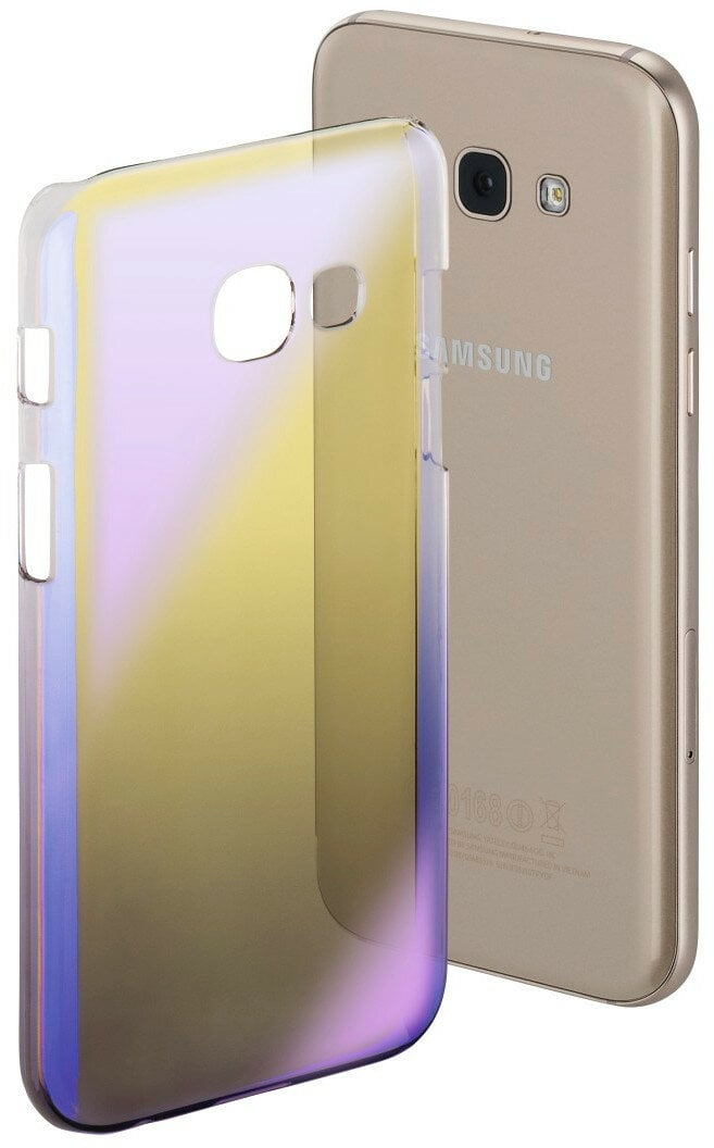 Złoty telefon Samsung z przezroczystym, iryzującym etui. Telefon jest ostry, z etui lekko z przodu.