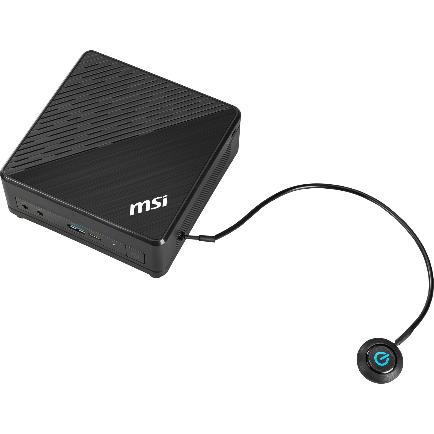 Een zwarte MSI mini-pc met een aan/uit-knop, verbonden met een zwarte kabel. De knop heeft een blauw symbool.