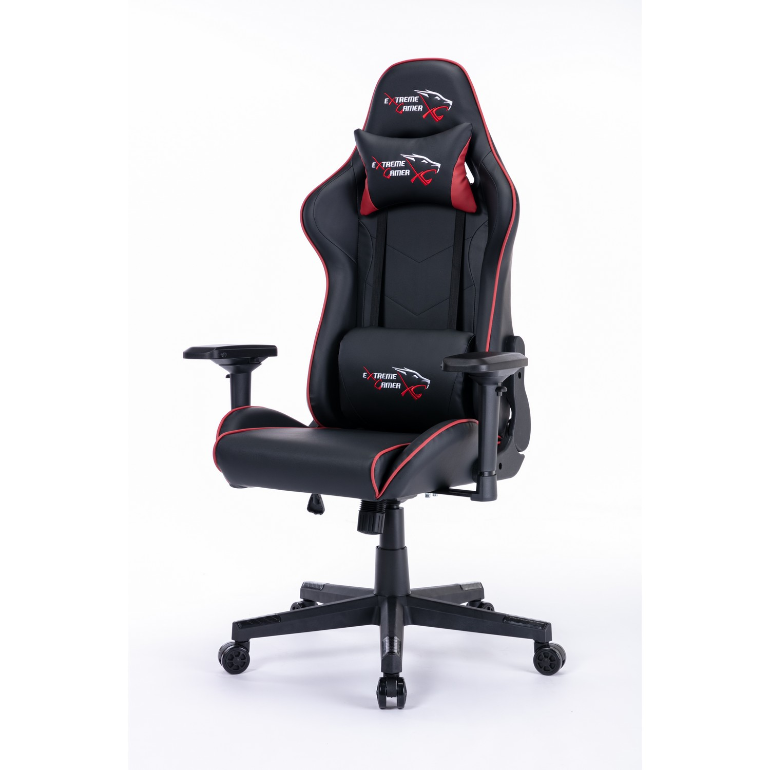 Chaise gaming noire et rouge avec appui-tête et support lombaire. Fond blanc.