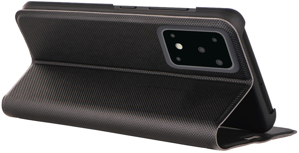 Czarny telefon z otwartym etui, widoczny tylny aparat. Teksturowana powierzchnia.